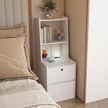 Tall Nightstand with Shelves, Wood Nightstand with Charging Station and Smart Light, Bed Side Table with Lock Drawer for Bedroom, White