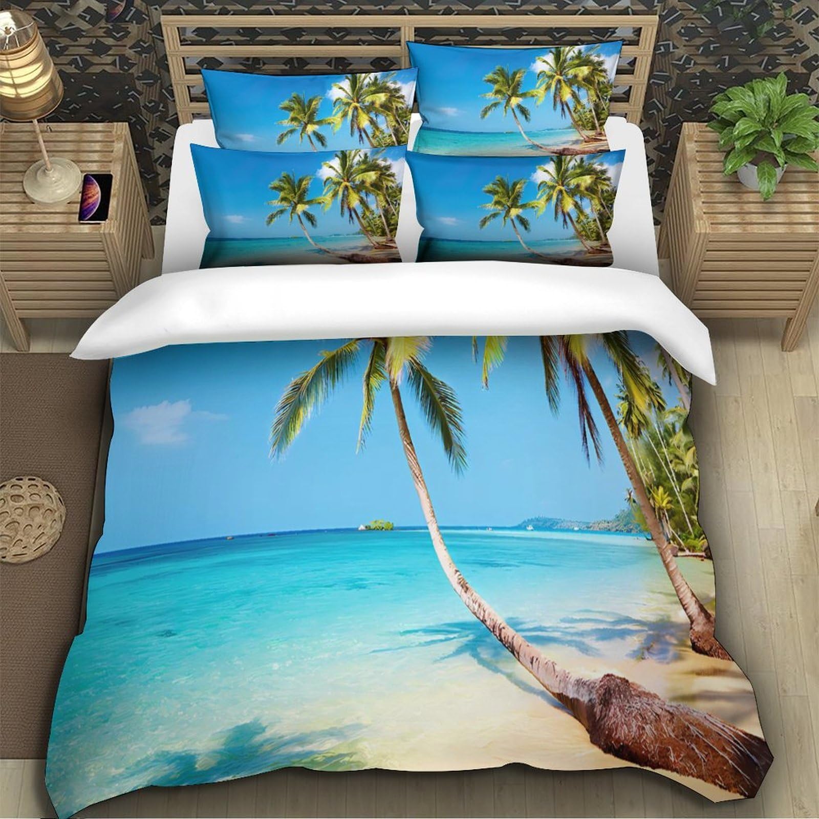 Scena di spiaggia tropicale copripiumino 3 Pezzi microfibra stampa di 3D con federa con federe Fuga di lusso sull'isola Set Di Copripiumino for coppie e adulti King（220x240cm）