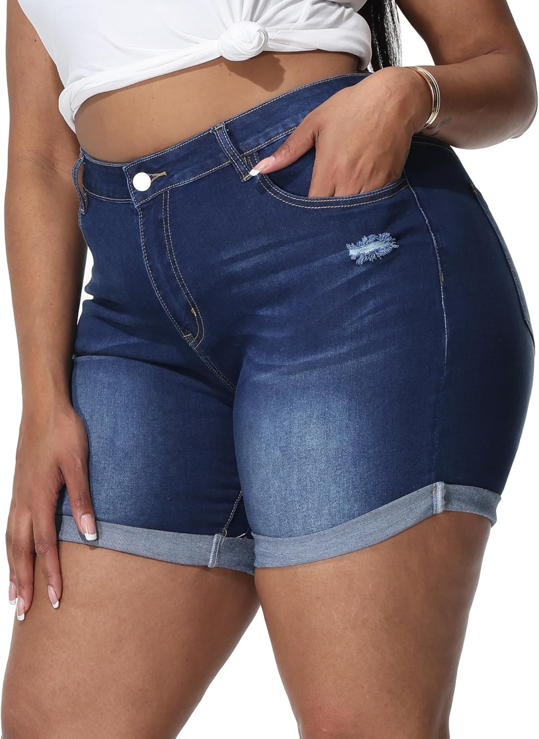 Womens Plus Size Jean Shorts Stretchy High Waisted Distressed Fold Hem Denim Shorts - Image 3
