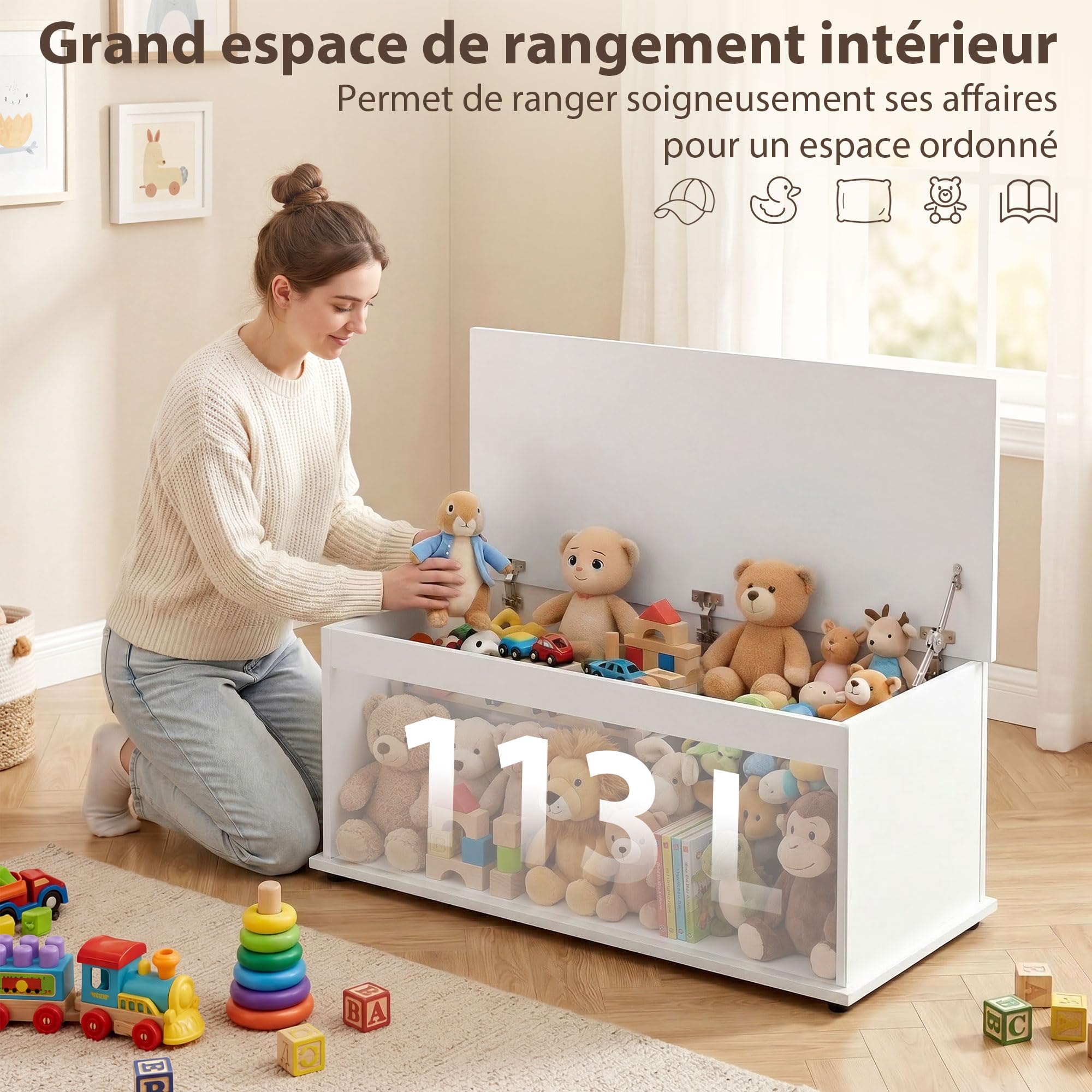HOMCOM Coffre de Rangement Couvercle Rabattable 100x40x40 cm Blanc | Banc de Rangement, Charnières de Sécurité, Banc Chaussures, Meuble d'Entrée, Couloir, Chambre, Salon