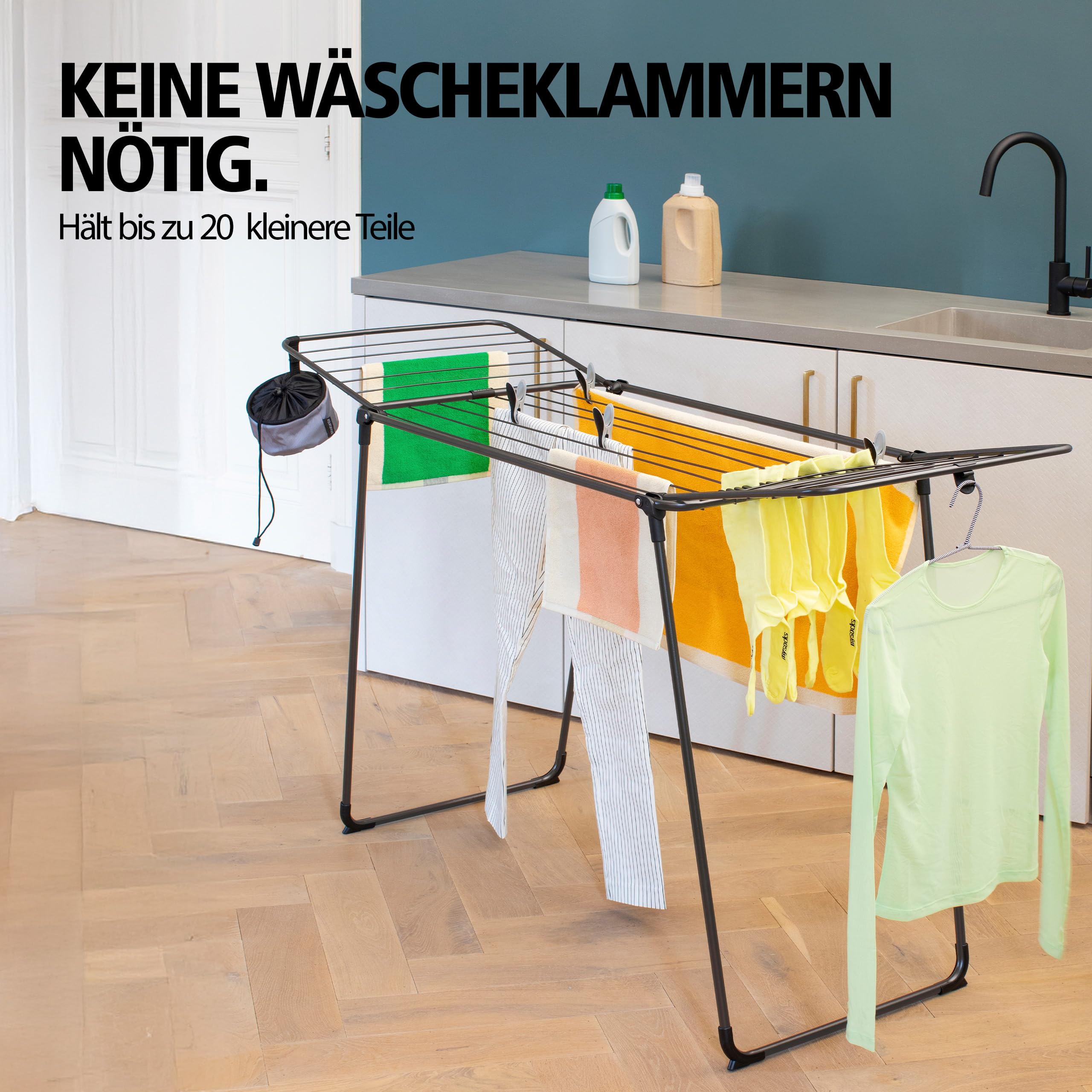 Brabantia HangOn Drying Rack, 18 m (Mattschwarz), Standtrockner mit Trockenfläche bis zu Zwei Waschladungen, Wäscheständer platzsparend, zusammenfaltbar, für große und kleine Wäschestöcke