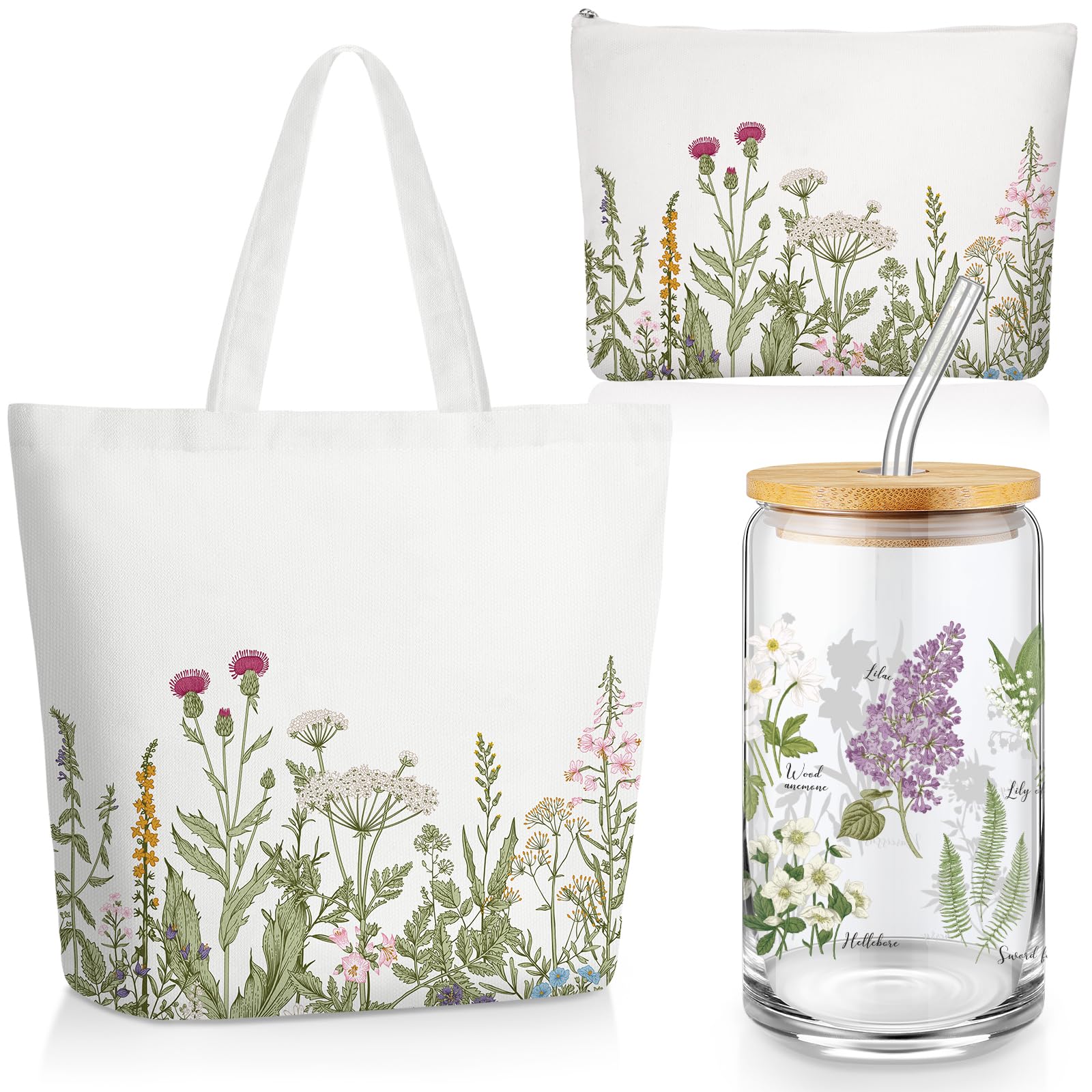 FoldTier 3 Pcs Plant Lover Gift for Women, Spring Aesthetic Gift for End of Year Teacher, Floral Canvas Tote Bag, 16 oz Coffee Cup with Straw Lid, Makeup Bag for Mother Birthday(White,Flower)