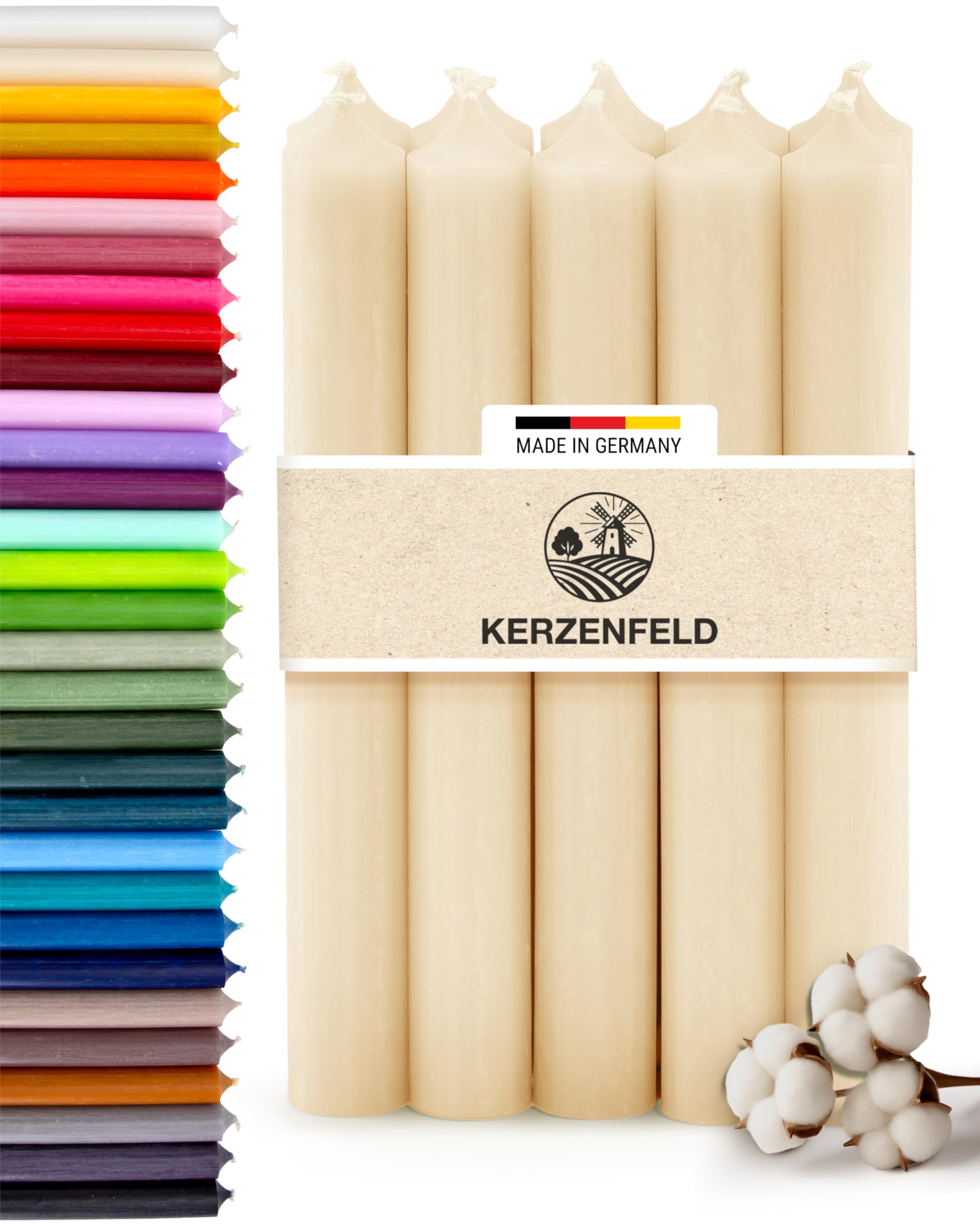 Stabkerzen Creme, 10 Stück, 180mm x 22mm, Durchgefärbte Spitzkerzen, 8+ Stunden Brenndauer, Made in Germany - Ohne Tropfen & Rußen - Unparfümierte und RAL-Zertifizierte Tafelkerzen