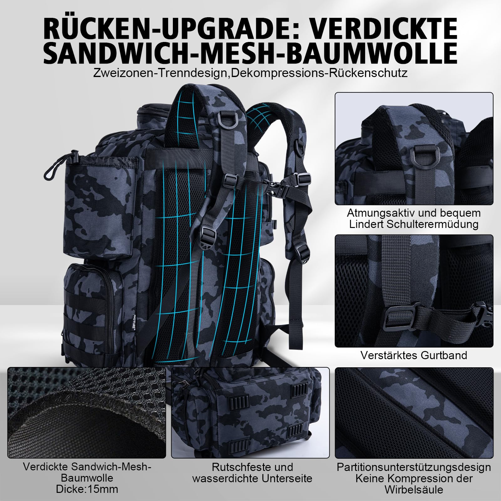 Goture Mochila de pesca con 4 cajas de cebo de pesca, mochila de 45 litros con dos soportes para cañas y protector de lluvia, tela Oxford 900D, bolsa impermeable para aparejos de pesca con