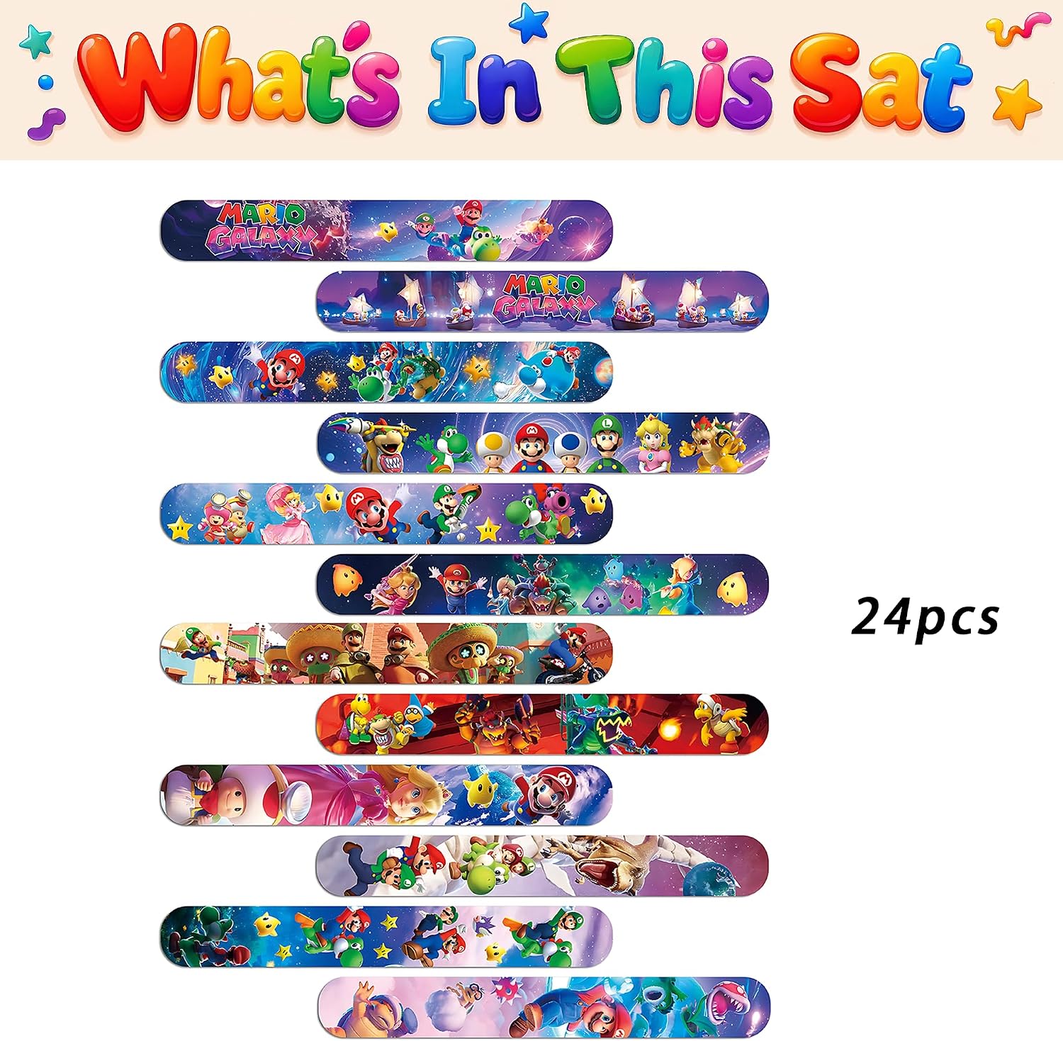24Pcs Mario Galaxy Slap Bracelets Set, Movie Themed Wristbands, Perfect for Super Bros Birthday Party Favors and Carnival Prizes