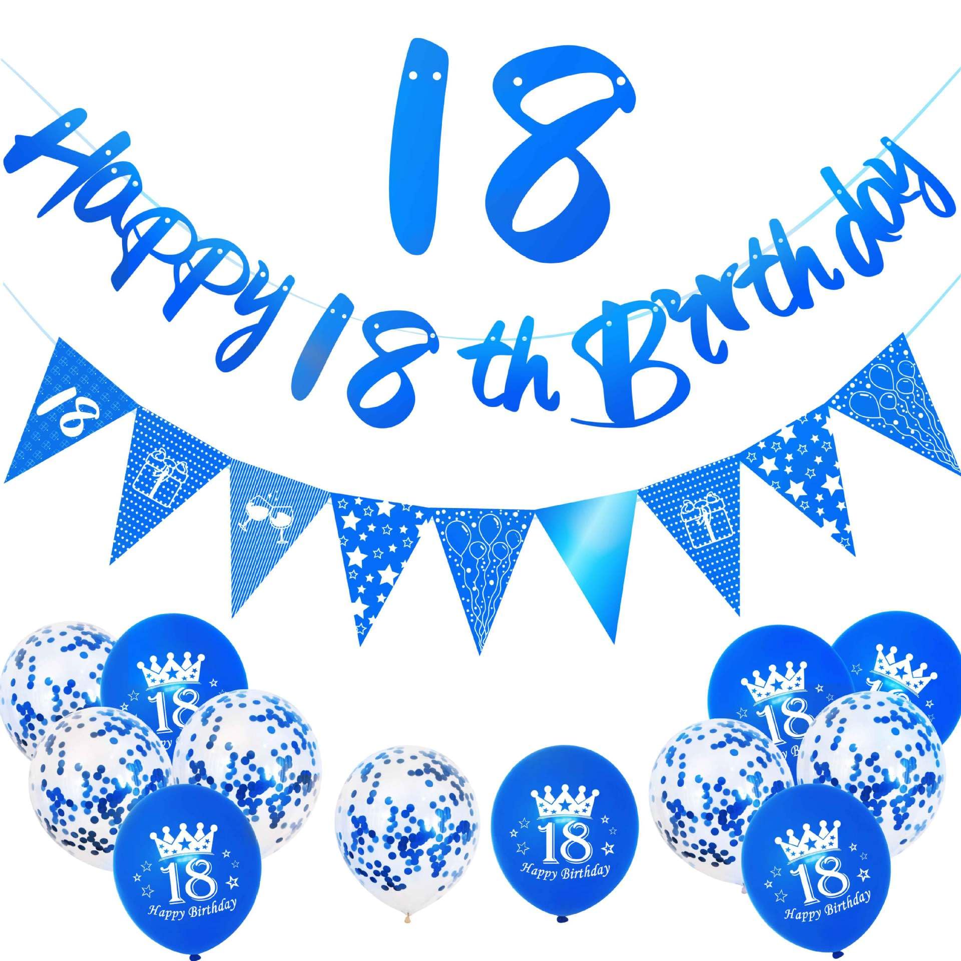 18st Birthday Decorations for Him or Her – Blue and White Happy 18th Birthday Banner with Balloons and Bunting Flags – Complete Party Decoration Set for Milestone Celebrations