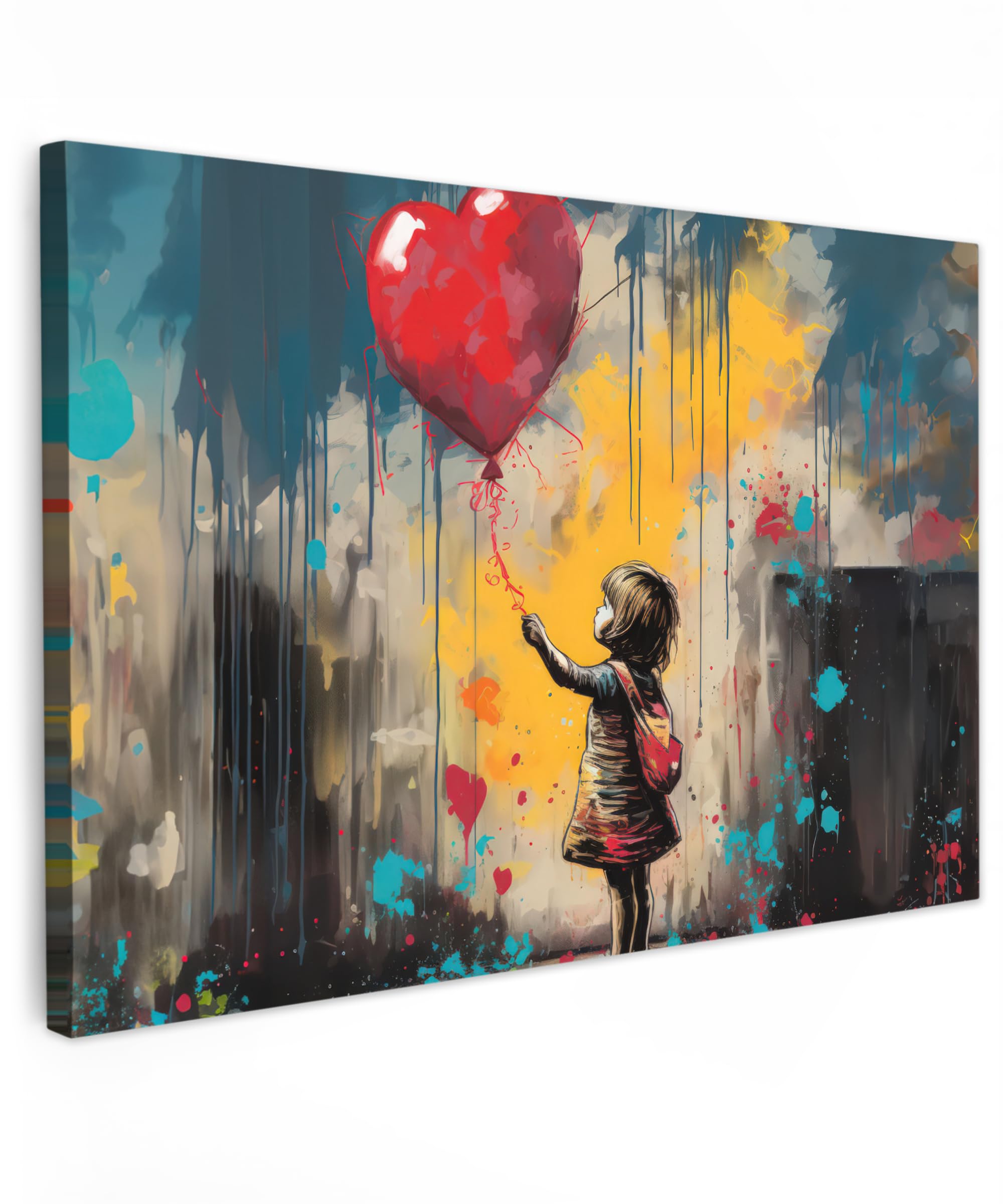 MuchoWow© Canvas Wall Art 24"x16" / 60x40 cm Decor Paintings Prints framed on Canvas Decorations Wallart Girl - Balloon - Heart - Graffiti