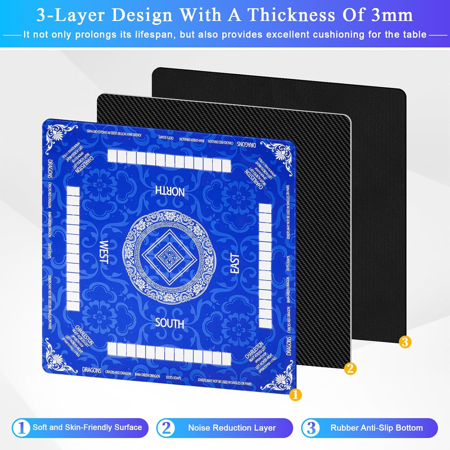Mahjong Mat 32.6x32.6 Inch，Anti-Slip Noise Reduction Thicken Mahjong Mat for Table with Carrying Bag for Mahjong/Poker/Board Games/Card Games/Dominoes(Blue)