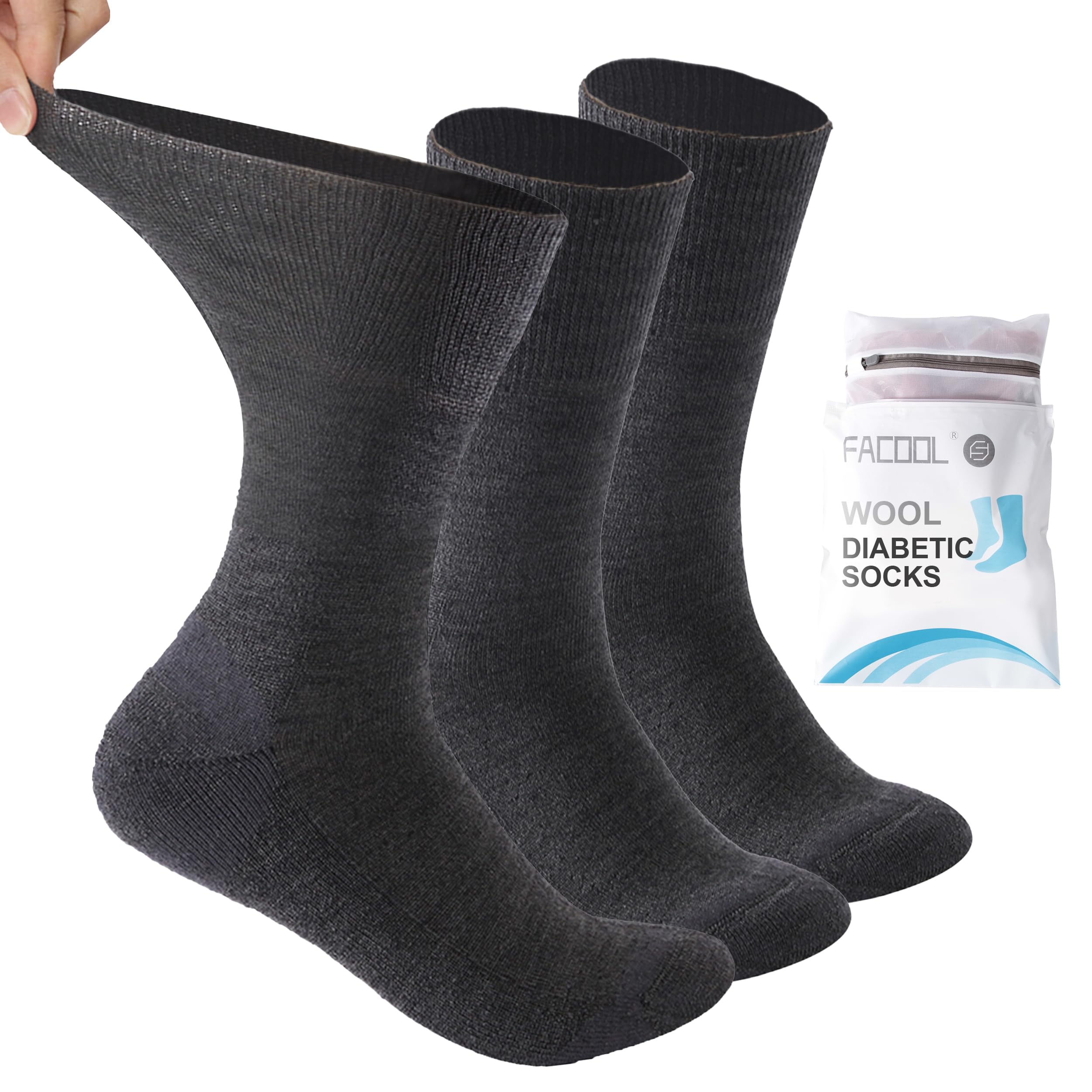 Facool Unisex Dark Grey X 3 Diabetic Socks For Men, Merino Wool Extra-Wide Non Slip Non-Binding Loose Crew Socks For Diabetes, Anti-Sweat Neuropathy Socks With Seamless Toe Cushion Sole, 3 Pairs X-Large Dark Grey