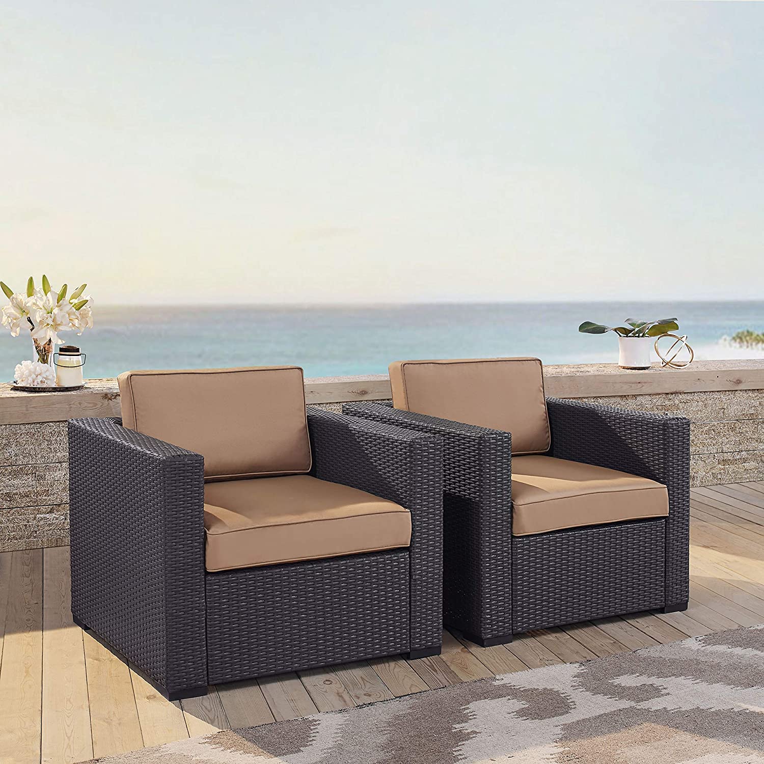 DEVOKO 2-Piece Rattan Sofa Wicker Porch Decor for Outdoor Furniture, Garden Sofa Bistro Set, Pool, Backyard, Balcony (Dark Brown & Beige)