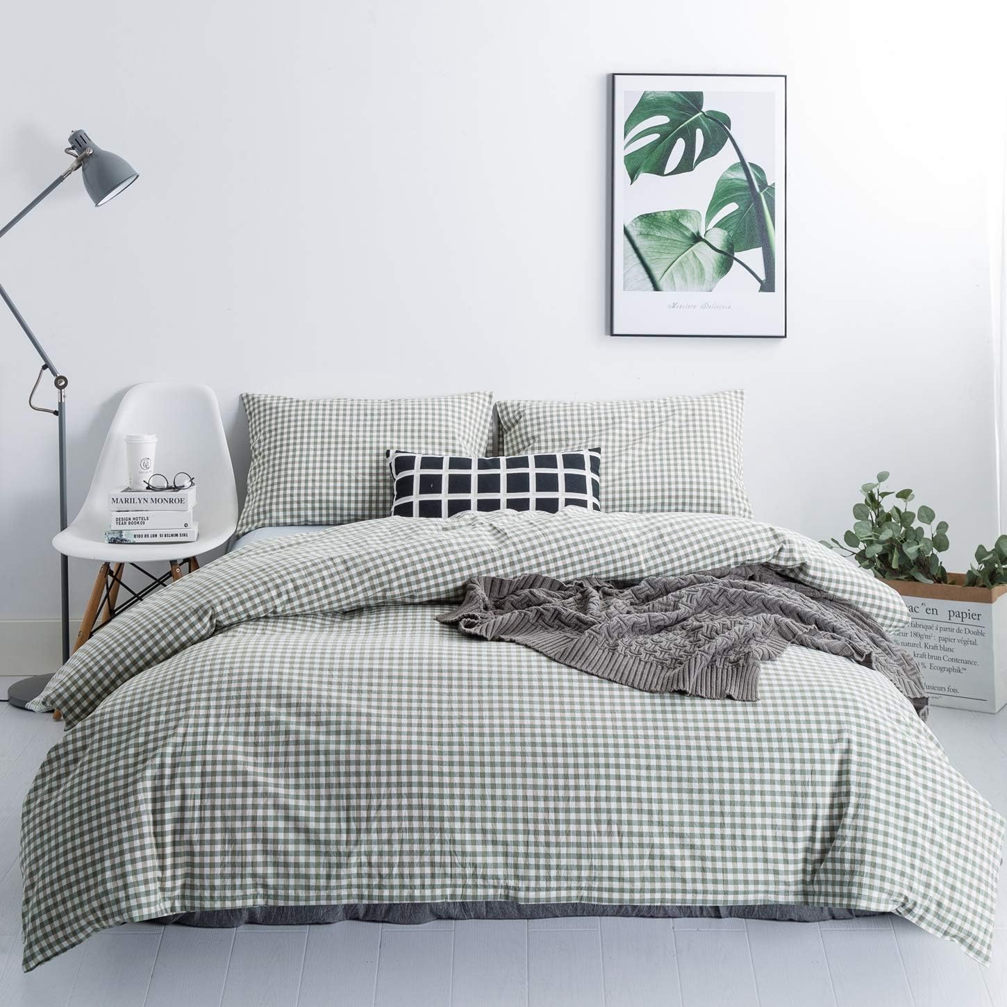 SUSYBAO Green Gingham Duvet Cover Queen 100% Washed Cotton Plaid Duvet Cover Set 3 Pieces 1 Green Grid Duvet Cover with Zipper Ties 2 Pillow Cases Luxury Soft Green Plaid Bedding Set Breathable Queen Green Gingham