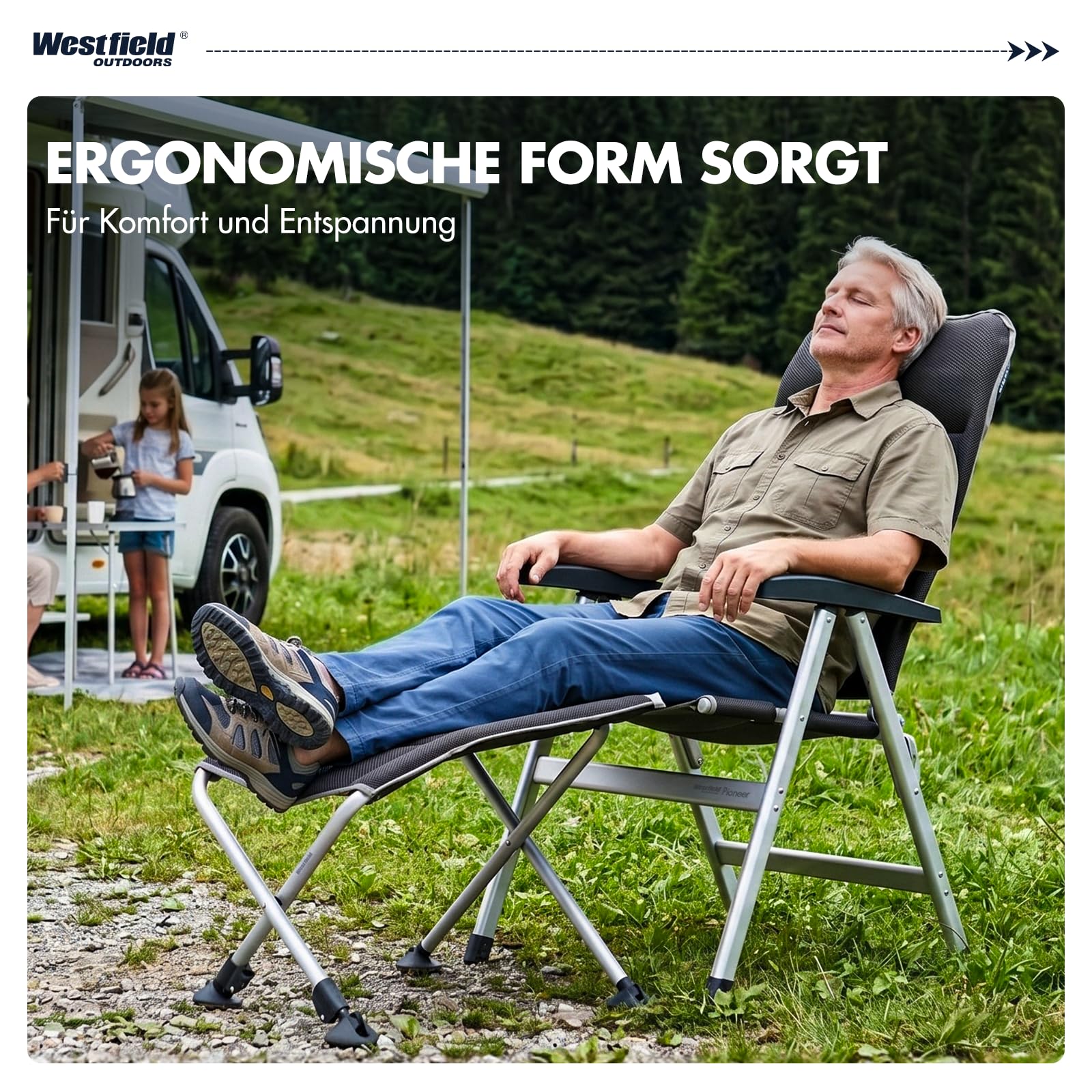 Westfield Outdoors Focus Camping Fußhocker faltbar, höhenverstellbar 35-45cm, 1,8 kg leicht tragbar, UV-beständig, komfortabel für Camping, Garten und Strand, bis 100kg belastbar