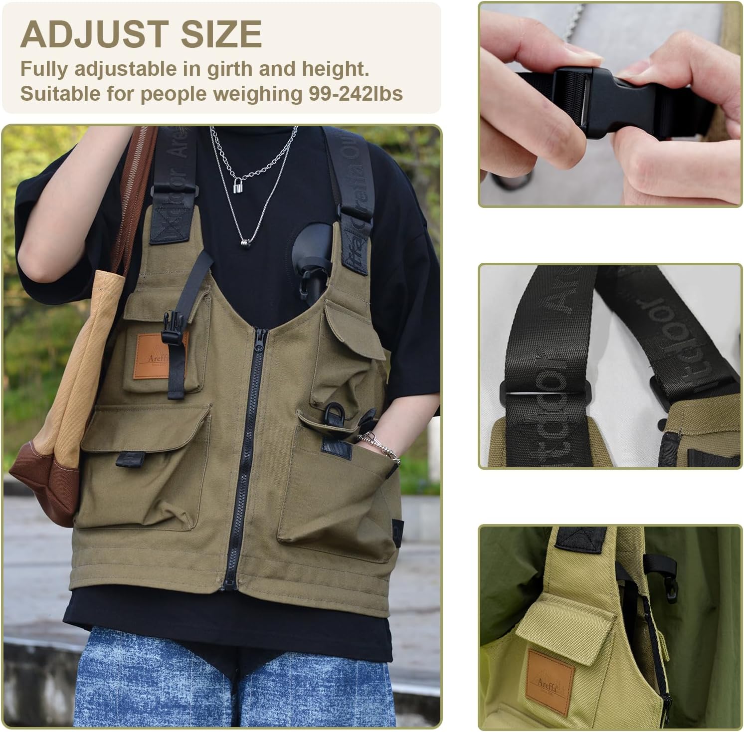 AREFFA Adjustable Fishing Vest for Men, 10-Pocket Cargo Vest for Hiking & Travel