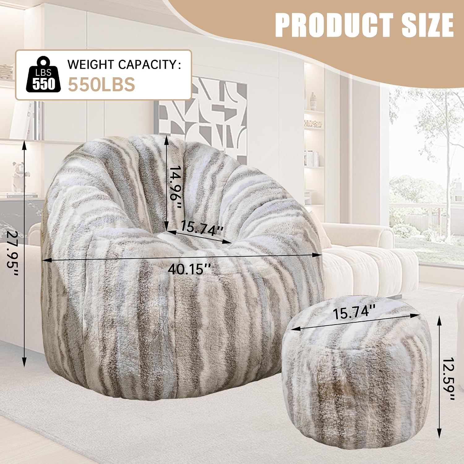 Cvortll Bean Bag Chair with Ottoman,Bean Bag with Filler, Big Comfy Couch, Lounge Sofa, Cozy Lazy Comfy Floor Sofa for Bedroom, Reading Chair for Living Room(White+Grey)