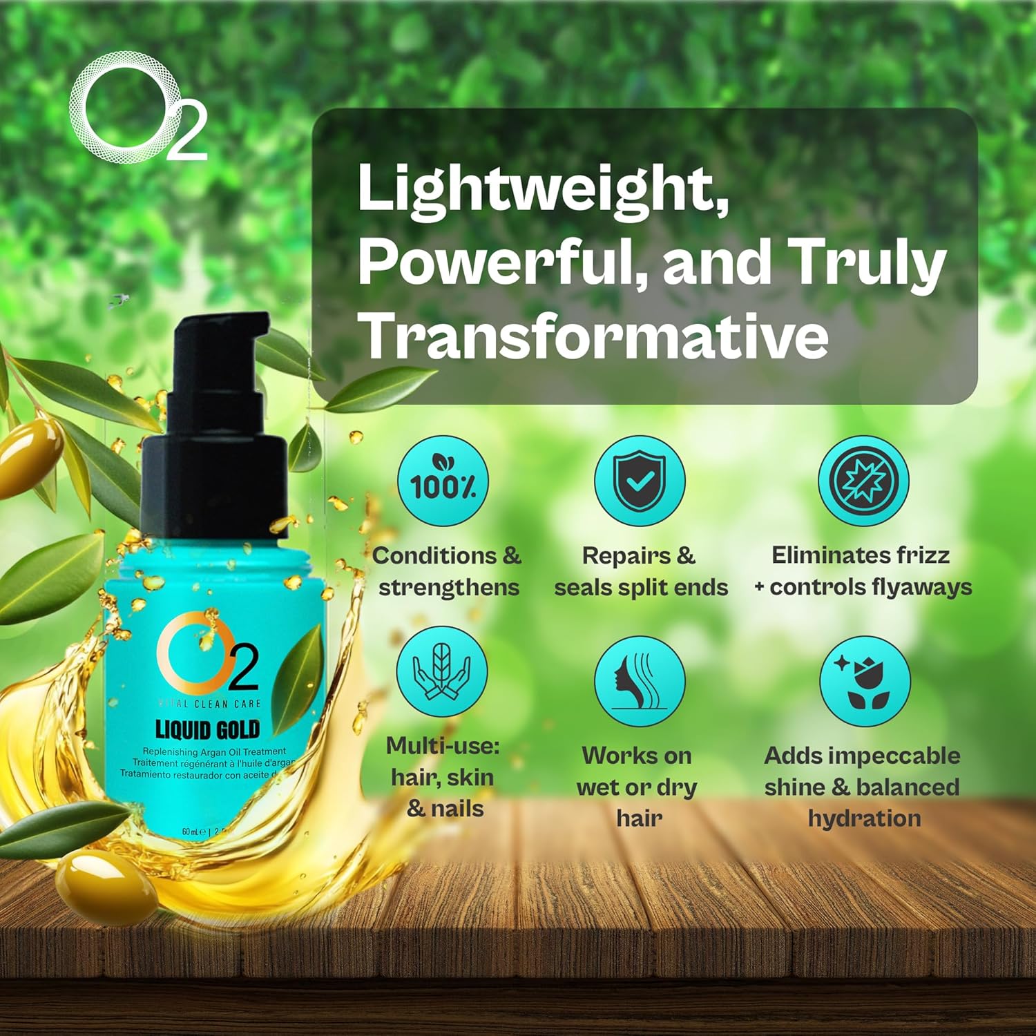 O2 Liquid Gold Replenishing Argan Oil Treatment – Lightweight Conditioning Formula That Repairs Split Ends, Eliminates Frizz, Adds Shine, and Strengthens Hair for a Smooth, Polished Finish - Image 2