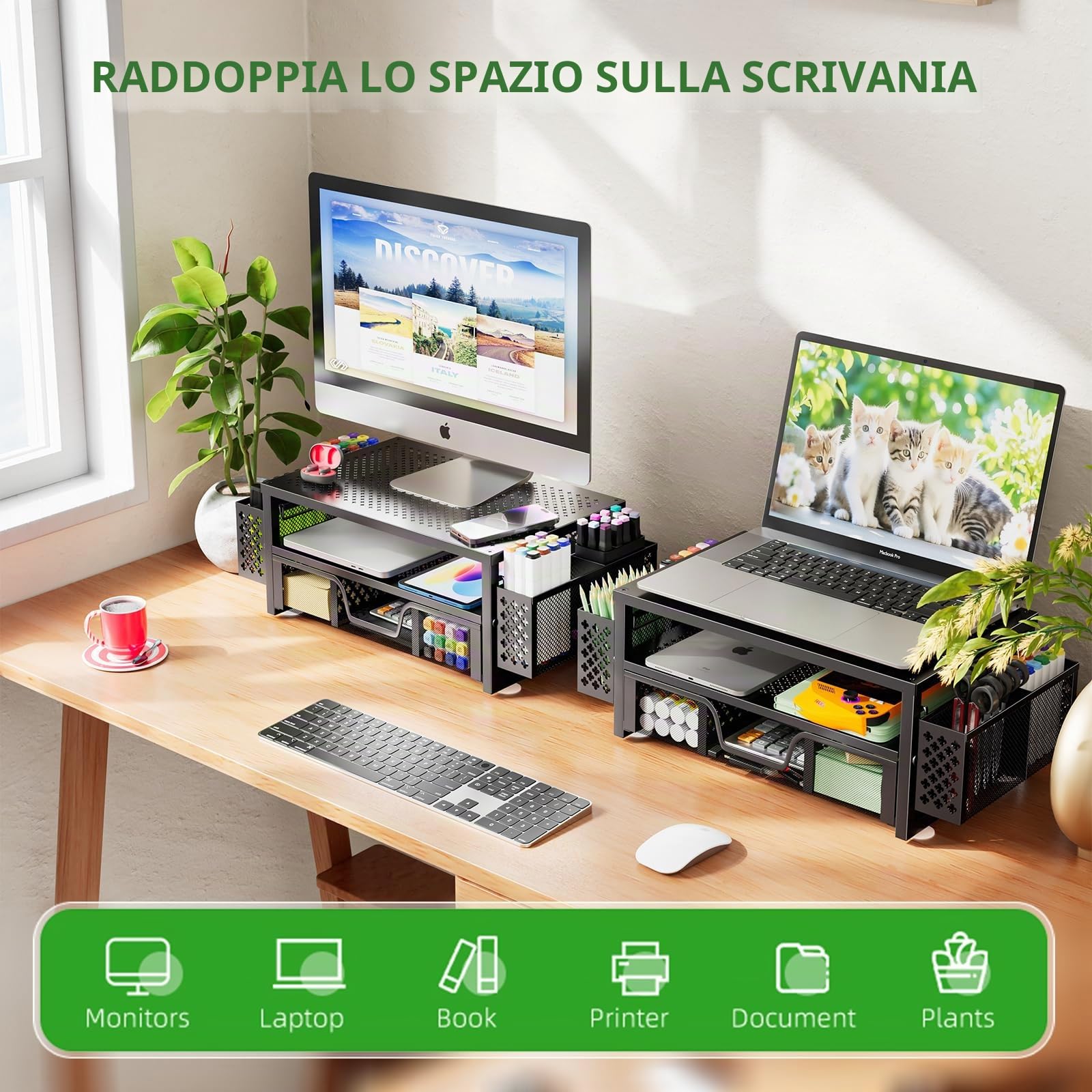 Simple Trending Supporto per monitor in metallo a 2 ripiani e organizer da scrivania per computer, con cassetto e portapenne, per computer portatile, computer, iMac, nero