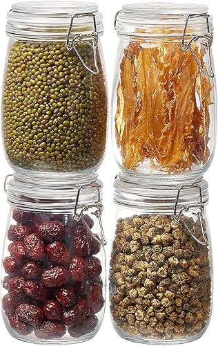 Paquete de 4 tarros de vidrio de 34 onzas con tapas herméticas, recipientes de almacenamiento de alimentos con cierre de clip de alambre de sellado