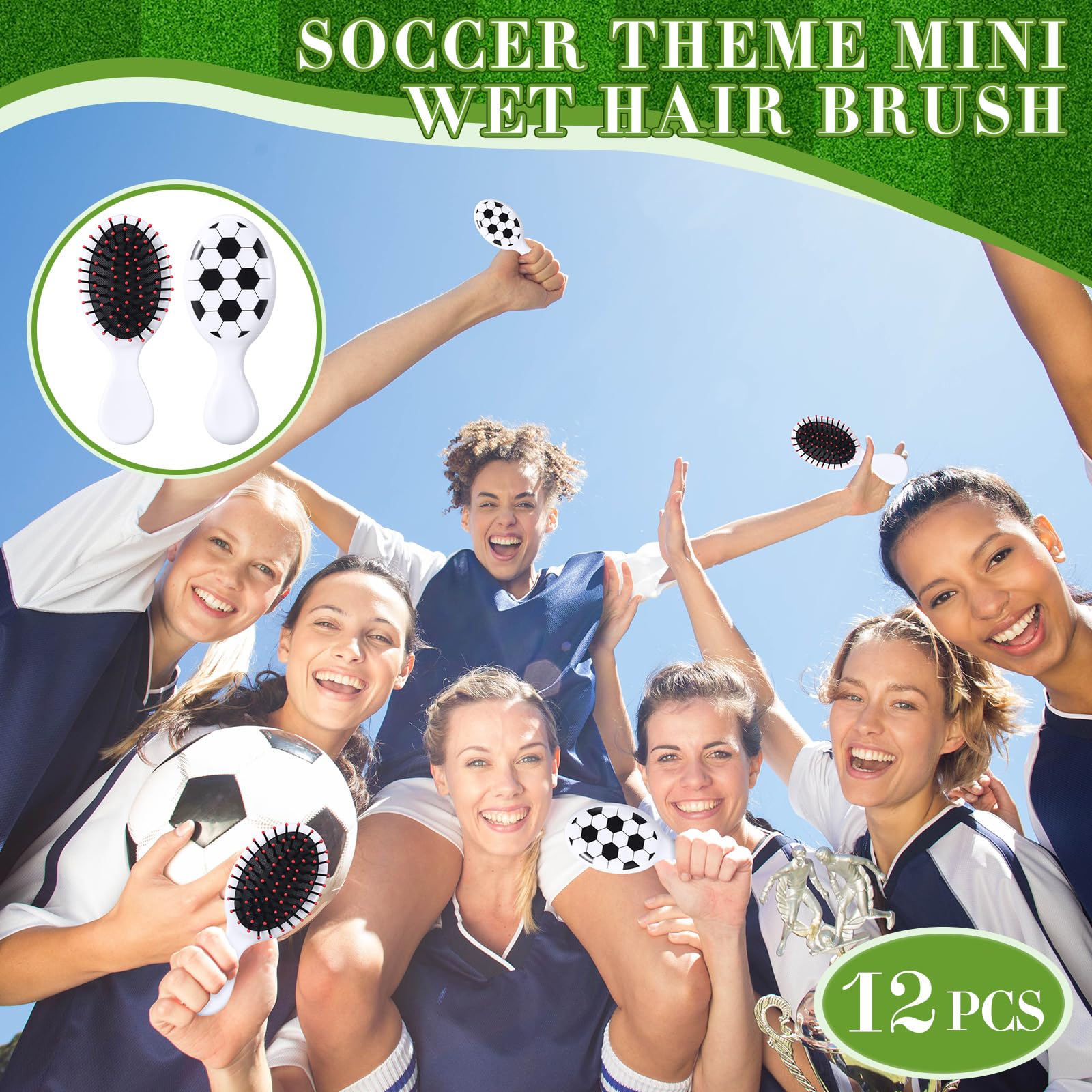 SiliFine 12 mini cepillos de pelo de viaje para deportes de fútbol, mini cepillo desenredante de fútbol, cepillo de pelo pequeño, cerdas de fútbol, cepillo desenredante de plástico para regalo de
