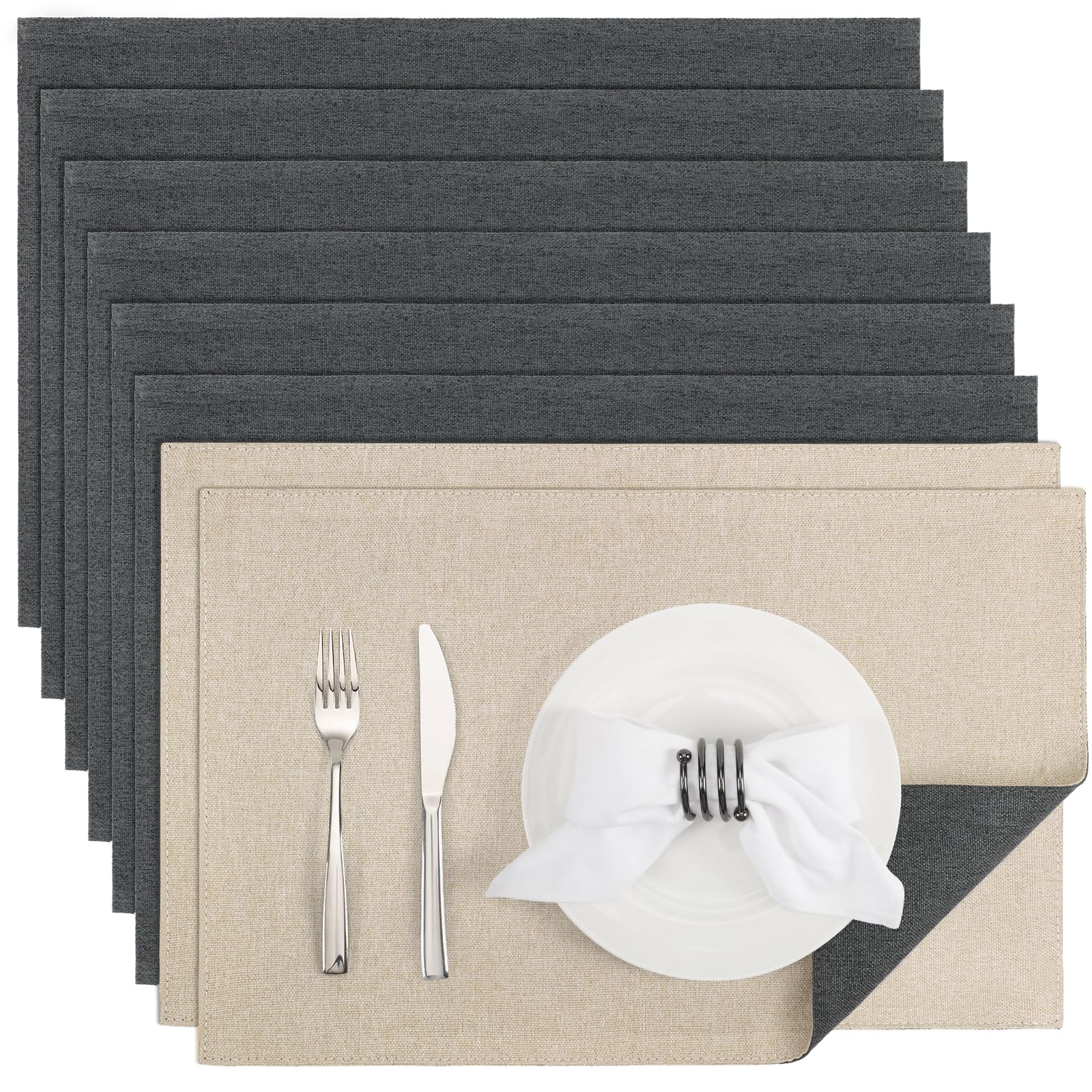 Sets de table tressés lavables gris-beige lot de 8 rectangulaires résistants antidérapants