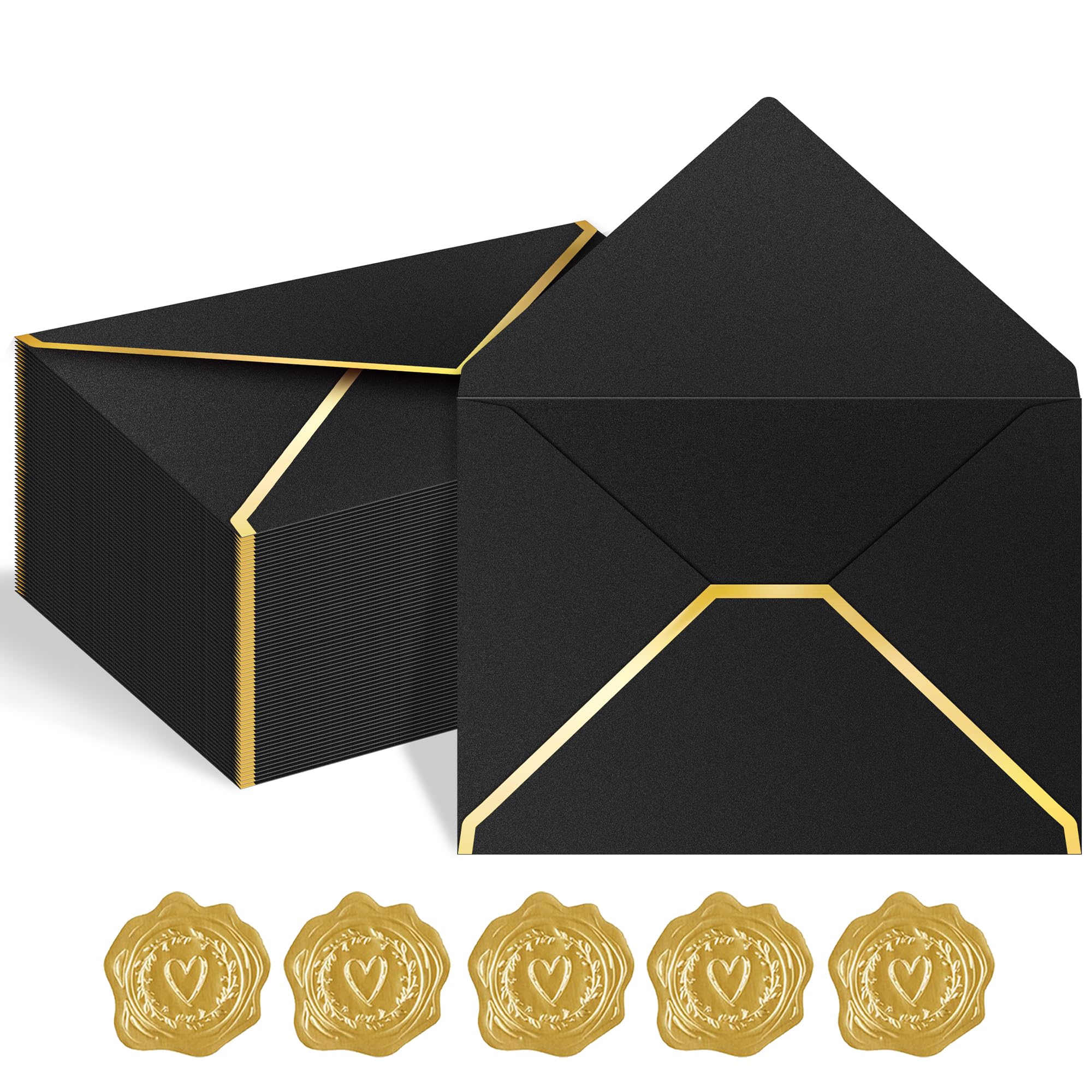 AVERZELLA 60 Pack A7 Envelopes 5x7 Gold and Black Color, 250G Thick Pearled Cardstock A7 Envelopes for Invitations with Gold Foil Border, A6 4x6