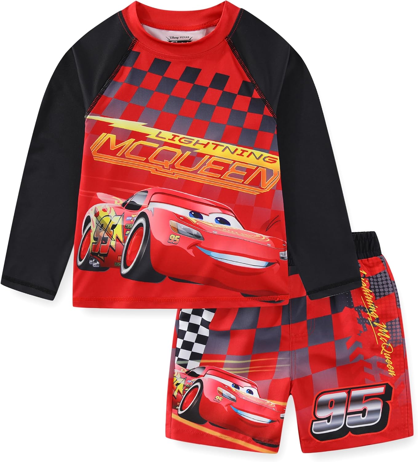 Disney Cars Lightning McQueen Boys UPF 50+ Rash Guard and Swim Trunks Swimsuit Set for Toddler and Big Kids