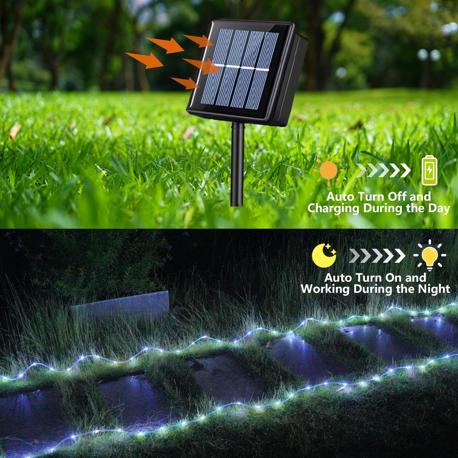 YEGUO 2 Packs Each 33ft 100 LED Solar Rope Lights Outdoor Waterproof, White String Lights for Outside, 8 Modes Fairy Lights in Clear Thin Tube for Camping Fence Patio Garden Trampoline Deck