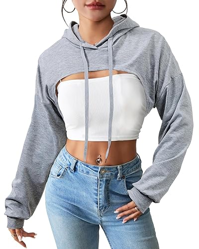 Century Star Womens Long Sleeve Super Cropped Hoodie Pullover Crop Sweatshirts Sexy Workout Gym Drawstring Top