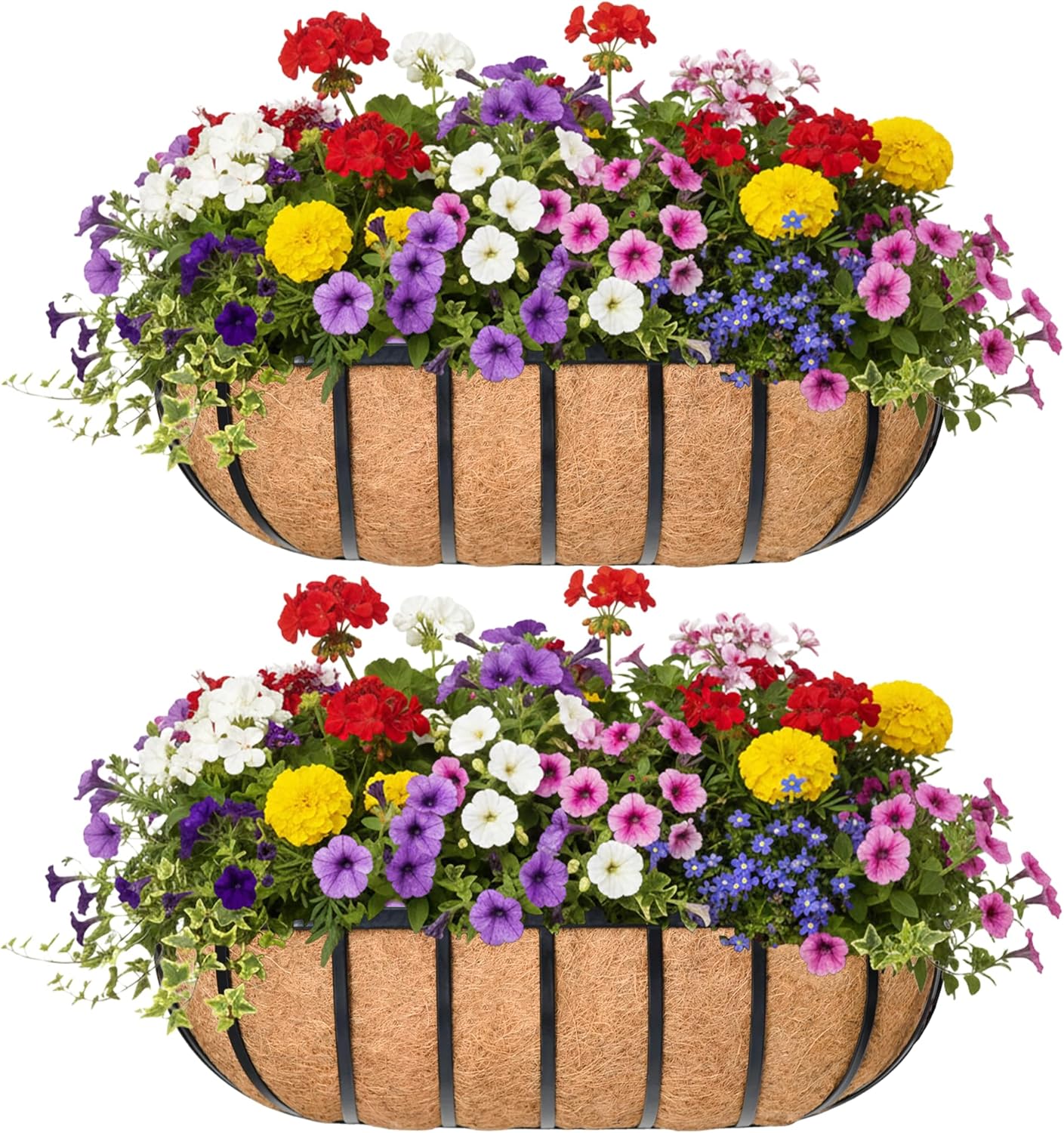 KIDYBELL 24" Metal Window Box Railing Planters with Coco Liner - Rustic Horse Trough for Deck Balcony Patio Fence - Black 2 Pack