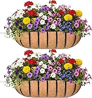 KIDYBELL 24" Metal Window Box Railing Planters with Coco Liner - Rustic Horse Trough for Deck Balcony Patio Fence - Black 2 Pack