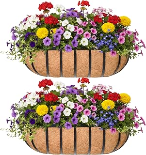 KIDYBELL 24" Metal Window Box Railing Planters with Coco Liner - Rustic Horse Trough for Deck Balcony Patio Fence - Black 2 Pack