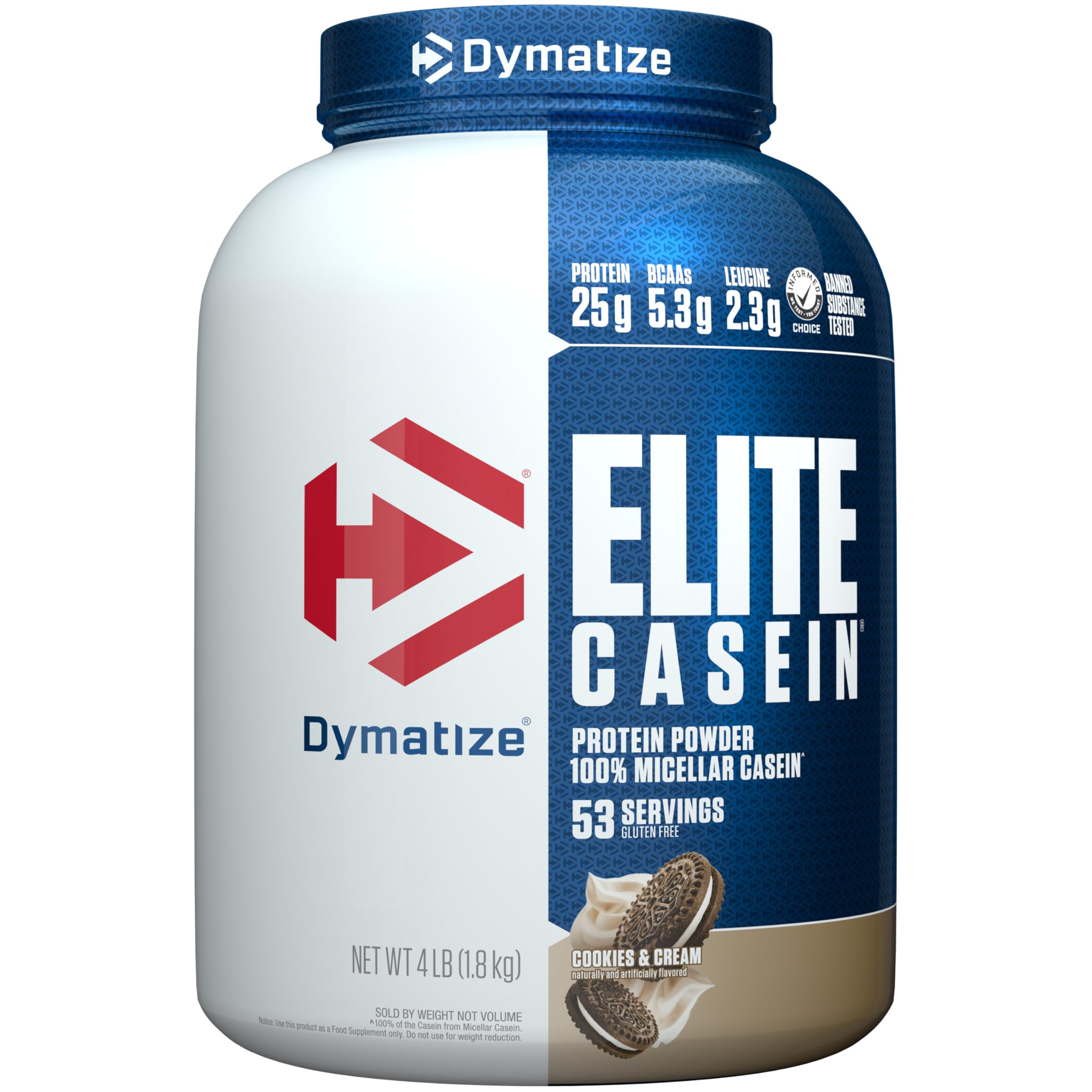 Dymatize Elite Casein Protein Powder, Cookies & Cream, 100% Micellar Casein, 25g Protein, 5.4g BCAAs, 2.3g Leucine, Slow Absorbing for Overnight Muscle Recovery, 4 lb (53 Servings)