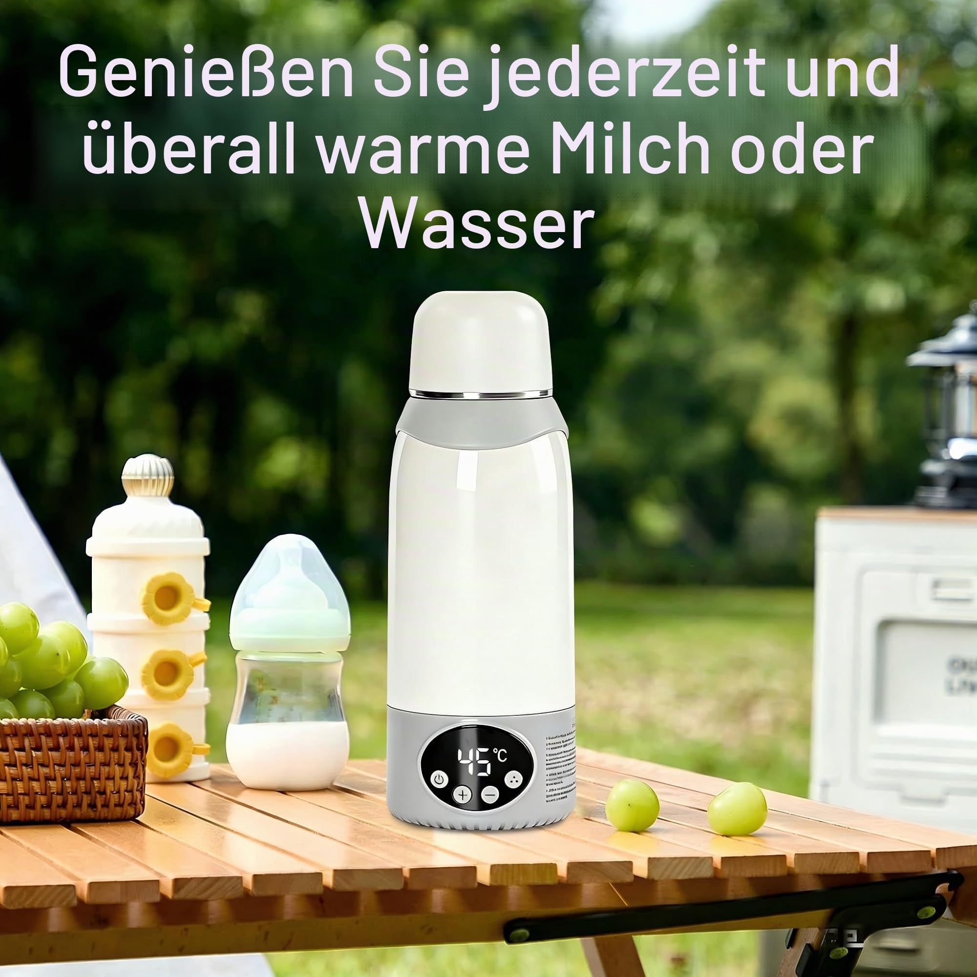 Flaschenwärmer Baby Unterwegs,Kindersicherung gegen,500ml Kapazität 12000mAh Akku, Schnelles Aufheizen 2 Min für Muttermilch&Wasser,cremefarben
