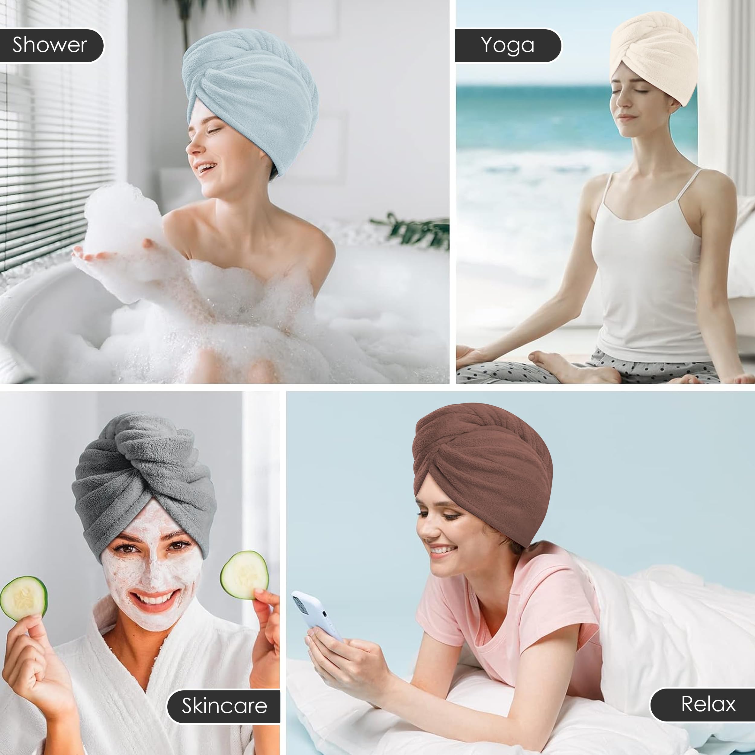 TENSTARS 5-pak, pogrubiony ręcznik do włosów z mikrofibry dla kobiet, elastyczny wzór pętelki, 320 g/m², koralowy aksamit, szybkoschnący turban do włosów, 28 x 71 cm (kremowy + biały + brązowy + jasny