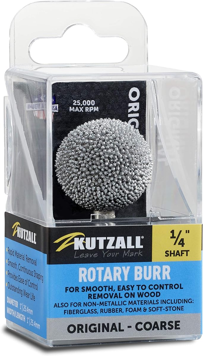 Fresa rotativa esférica original Kutzall, eje de 1⁄4", gruesa - Broca para tallar madera para herramientas Bosch, DeWalt, Milwaukee. Recubrimiento abrasivo de carburo de tungsteno, diámetro de cabeza de 1" (25,4 mm), S-1