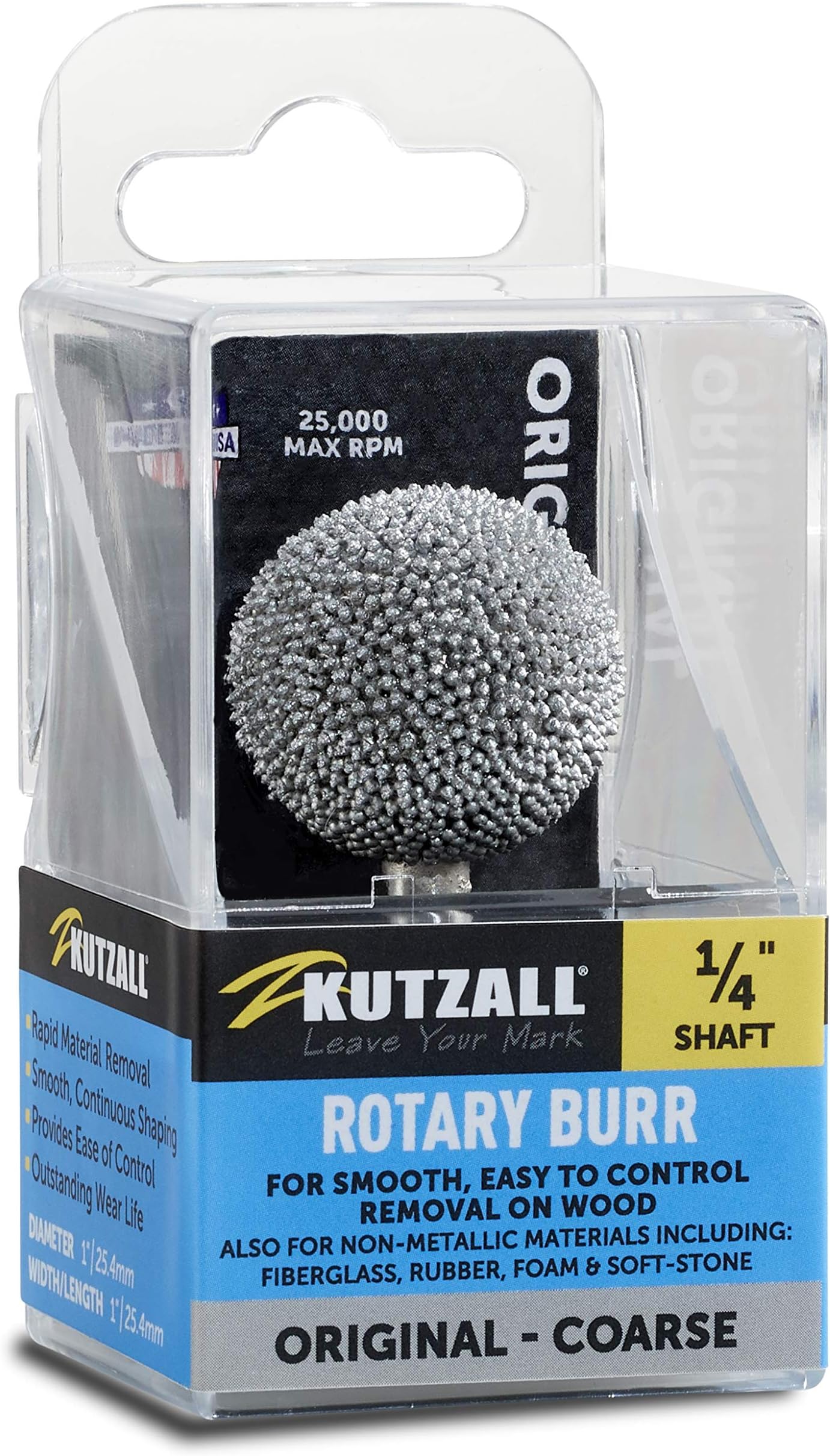 Kutzall Original Sphere Rotary Burr, 1⁄4" Shaft, Coarse - Wood Carving Bit for Bosch, DeWalt, Milwaukee Tools. Abrasive Tungsten Carbide Coating, 1" (25.4mm) Head Diameter, S-1