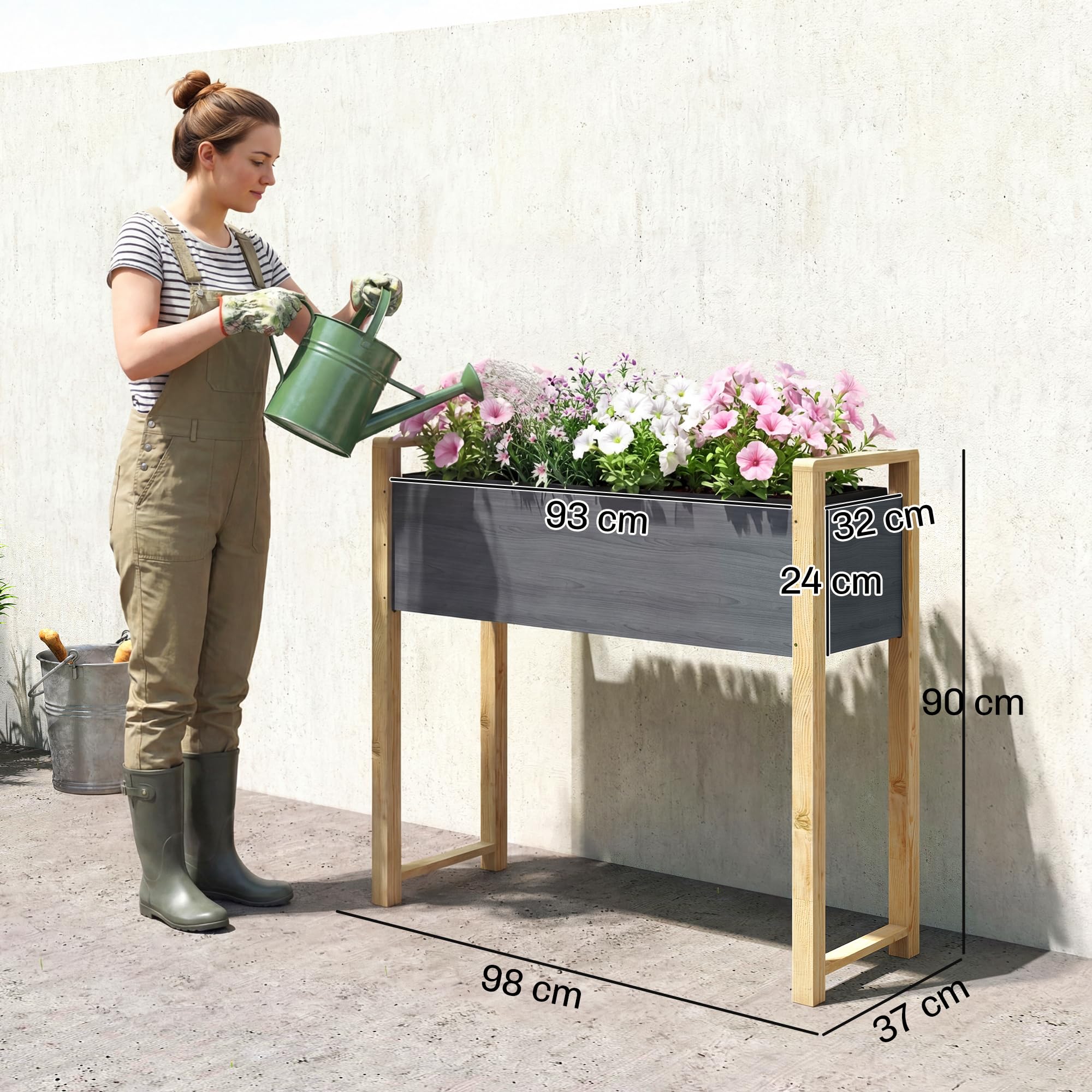 Outsunny Carré Potager avec Pieds en Bois Surélevé 98 x 37 x 90 cm Gris | Jardinière Extérieure, Grande Taille, 4 Trous de Drainage, Tissu Non Tissé, pour Légumes, Fleurs