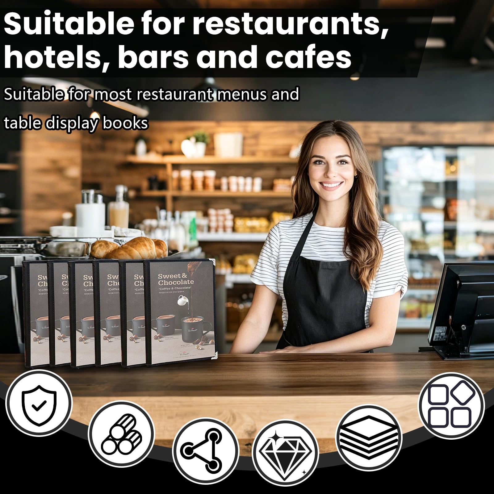 Porte-Menus, Lot de 6 Porte-Cartes de Menu Pliables A4 Protege Menu Transparents à Double Vue avec Surface Imperméable et Protection des Bords Porte Menu 4 Pages 8 Vues pour Restaurants Hôtels et Bars