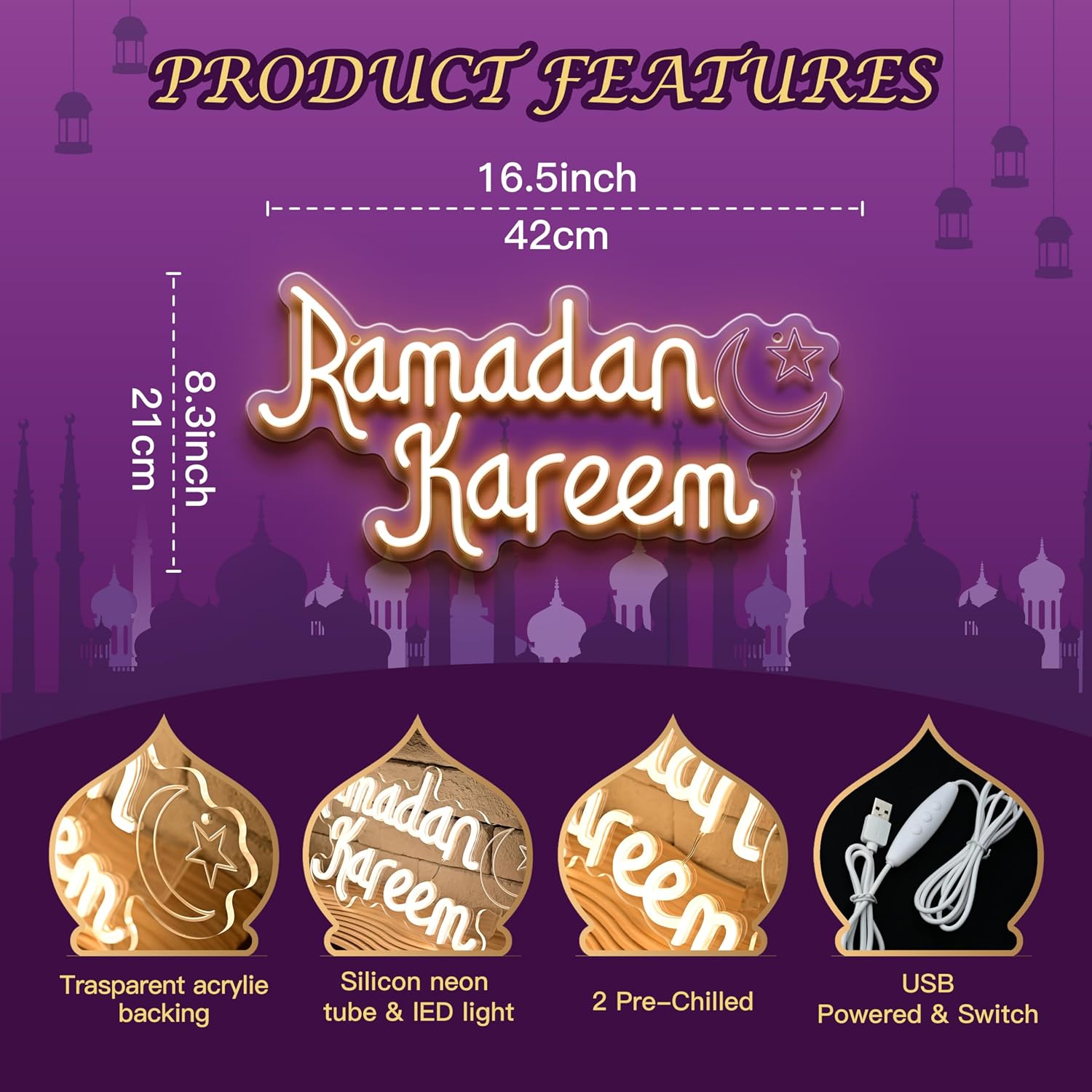 Ramadan Kareem Neon Sign for Wall Decor, Mubarak Light Up Sign, Moon Star Neon Light Decor for Home Party Eid Kareem Wall Decoration