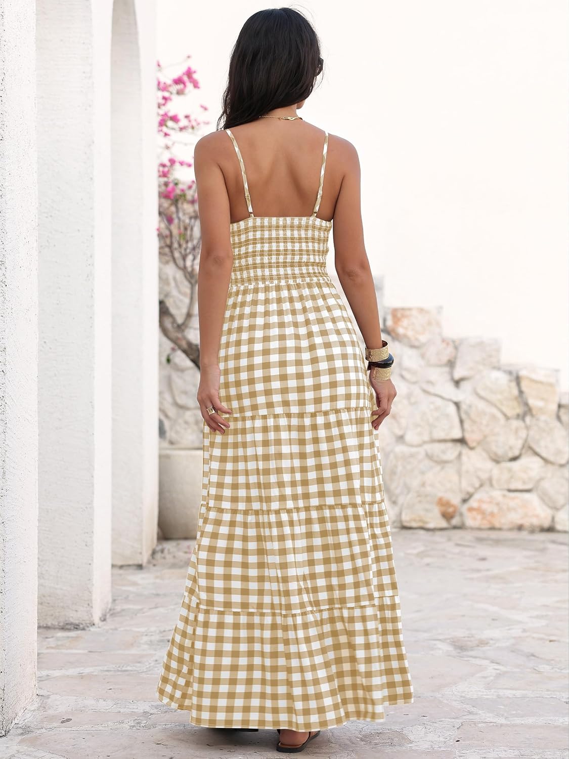 Caracilia Summer Maxi Dresses for Women Spaghetti Strap Back Smocked A Line V Neck Casual Long Dress Beach Vacation Clothes