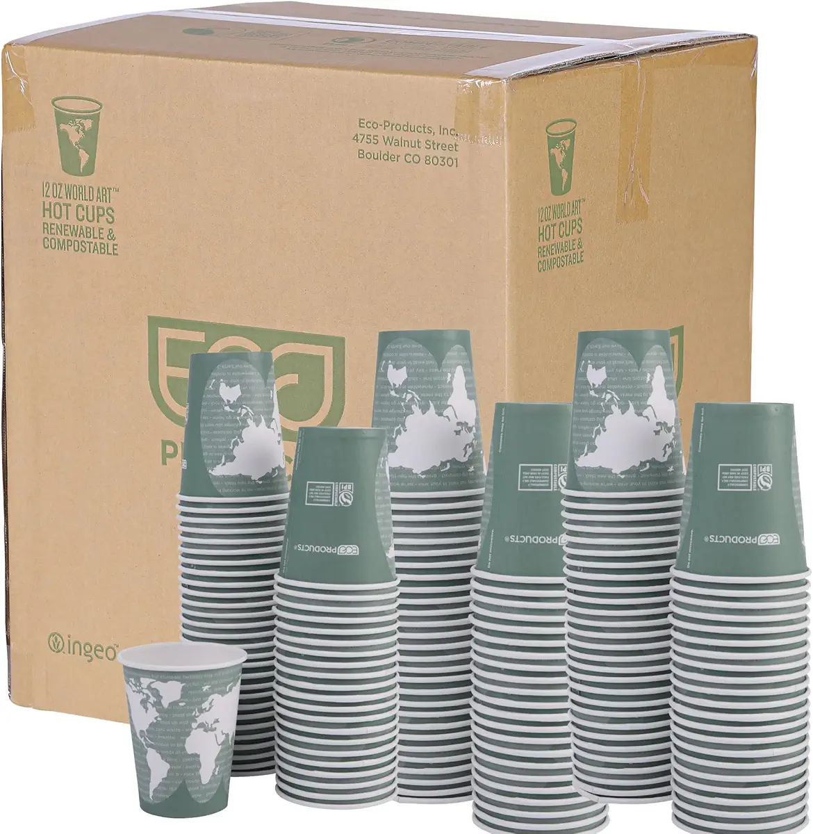 Eco-Products World Art Renewable &amp; Compostable Hot Cups, 12oz., Case of 1000 |EP-BHC12-WA|Made from Renewable Resources &amp; Plant Based | BPI &amp; ASTM Compostable |A Green Alternative