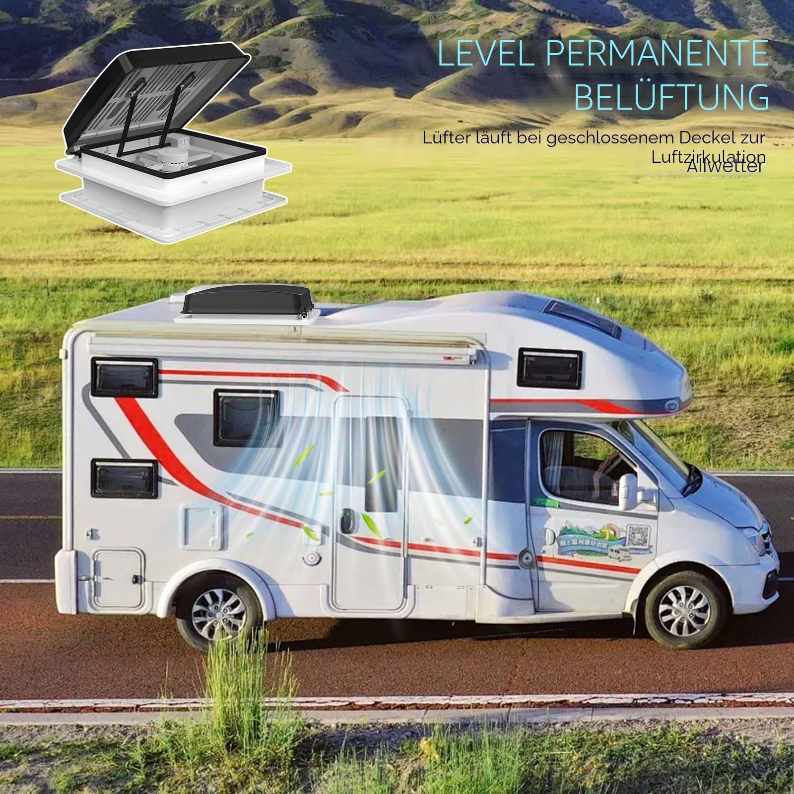 2012 12V (24V Max) Wohnmobil Dachventilator 400 mm, RV Dachlüfter mit schwarzem halbtransparentem Deckel, Fernbedienung, reversibel Abluft & Zuluft, leise, UV-beständig für Wohnwagen Camper