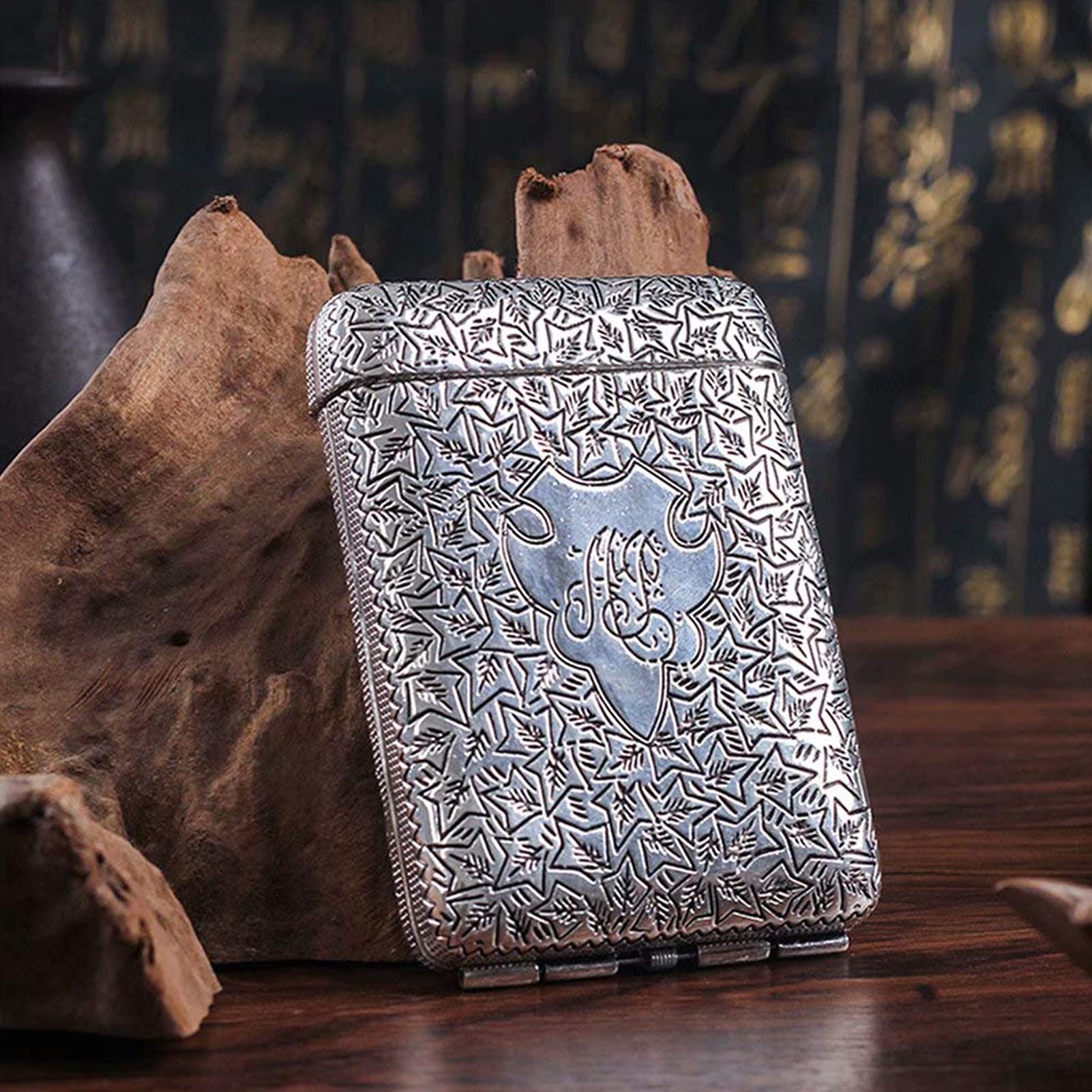 Etui na papierosy retro， metalowe etui na papierosy， przenośne etui na papierosy， trzykrotnie otwierane， odporne na ściskanie， ze wzorem w kształcie wąsów，，