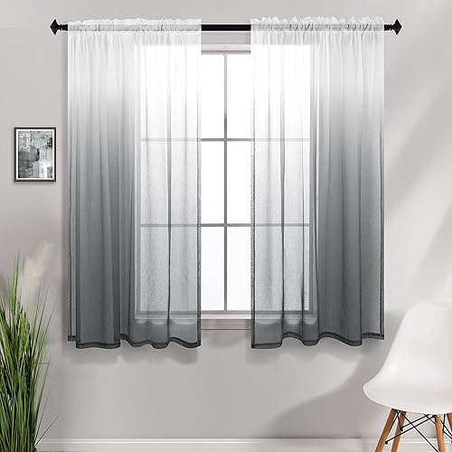 KOUFALL Grey Window Curtain Panels Set of 2 Rod Pocket Ombre Sheer Short Curtains for Small Windows Bathroom Kitchen 42 x 45 Inch Length