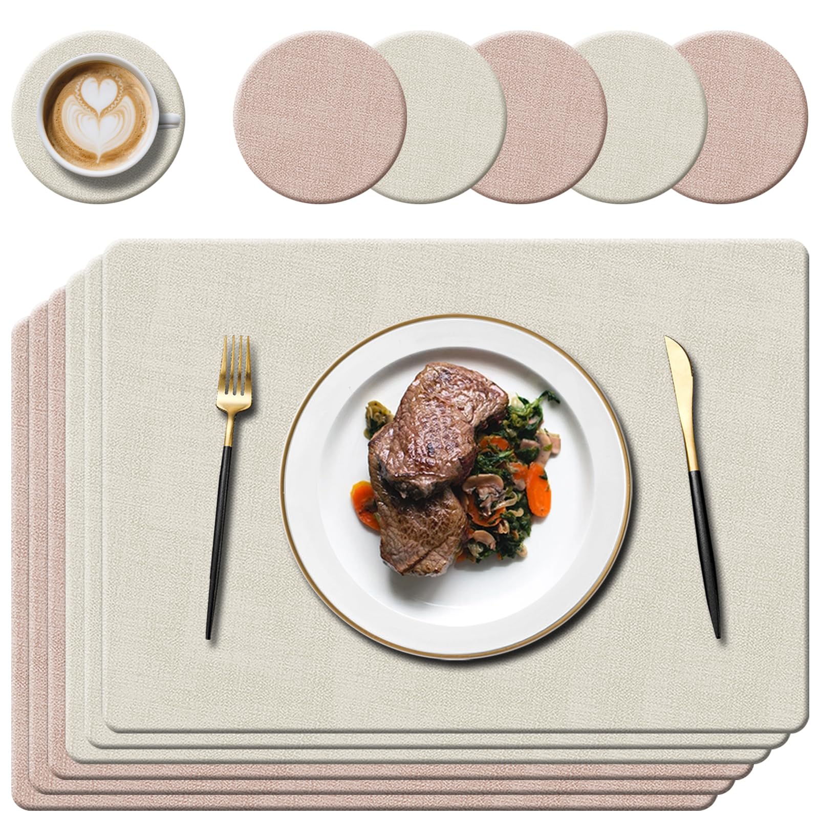 Faux Leather Place Mats and Coasters, Pink/Cream, 43x30cm, Set of 6