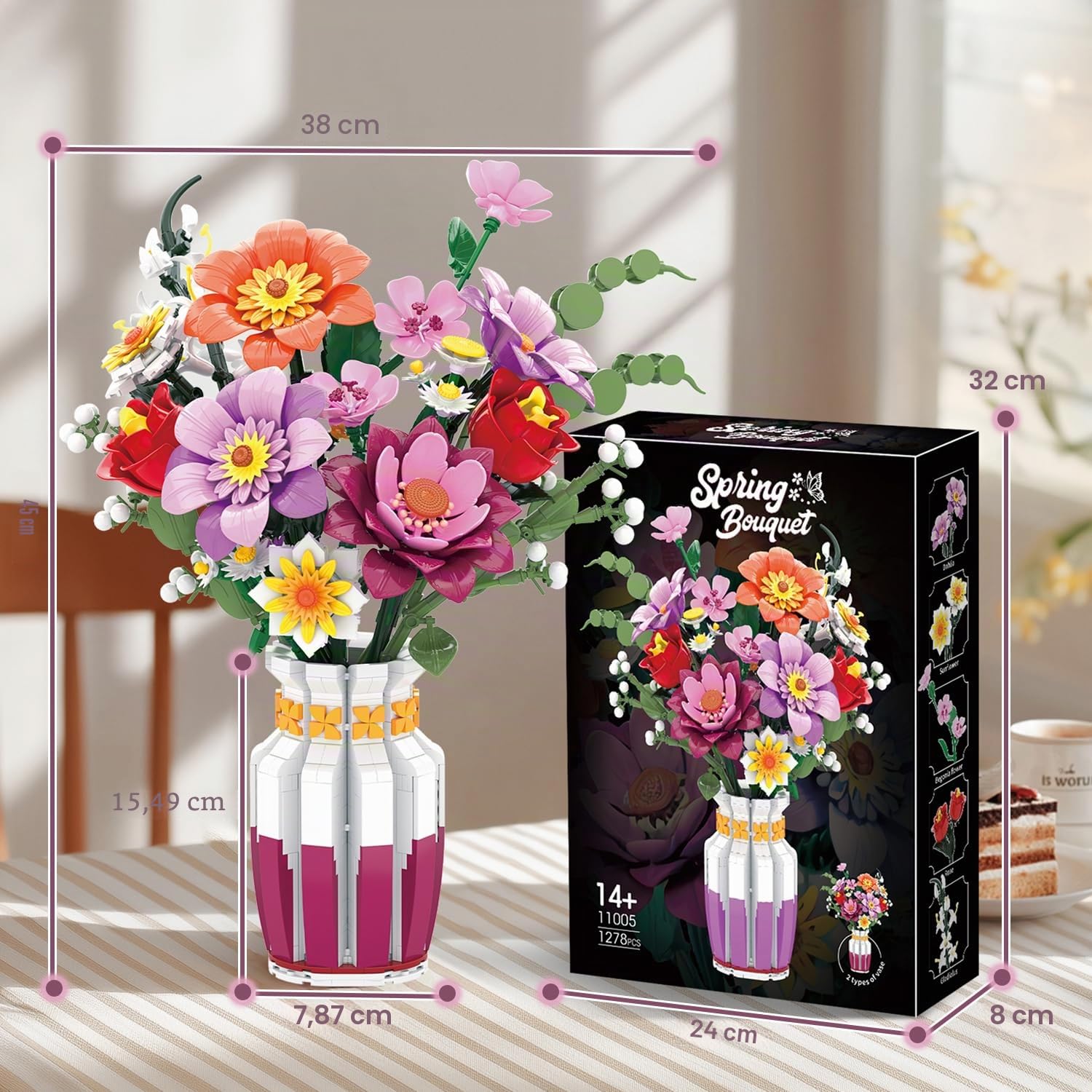 Set di Costruzione di Mazzetto di Fiori con Vaso Bicolor, 16 Set di Mazzetti di Fiori Artificiali per Adulti e Donne, Compatibile con la Collezione Botanica di Mazzetti di Fiori Lego, 1278 Pezzi