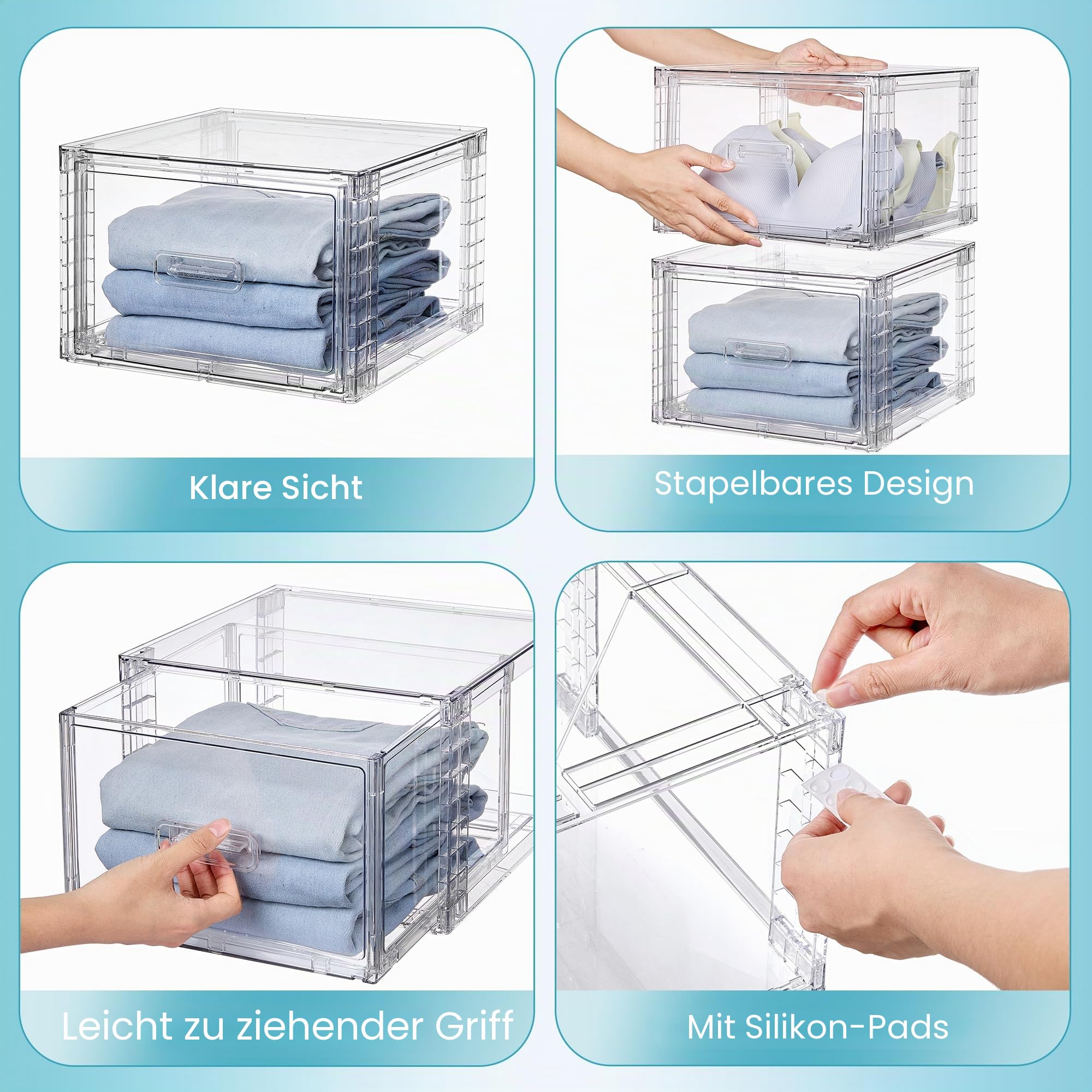 Vtopmart 4 große, stapelbare Schubladen-Organizer aus transparentem Acryl mit Griffen