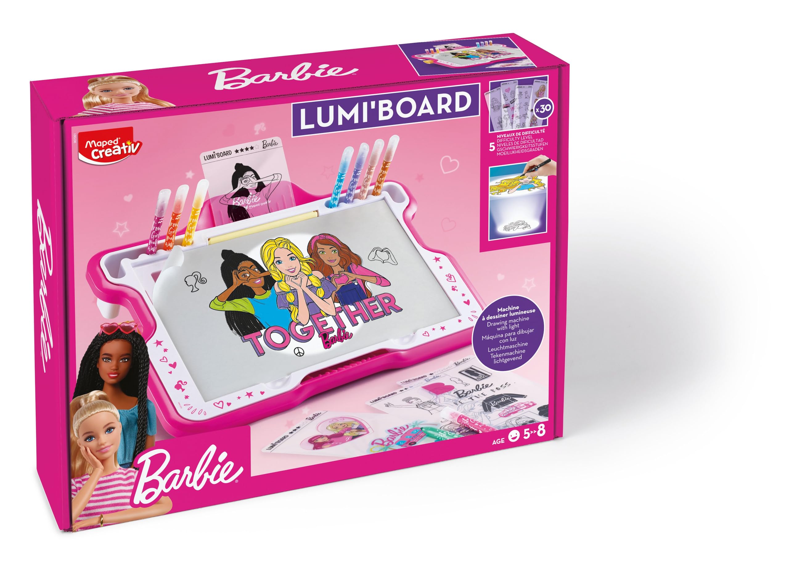 Maped Creativ - Barbie Lumi Board - Stół do rysowania ze światłem - Kolekcja Creativ - 30 szablonów Barbie - Zawiera osłonę słoneczną i markery - od 5 lat