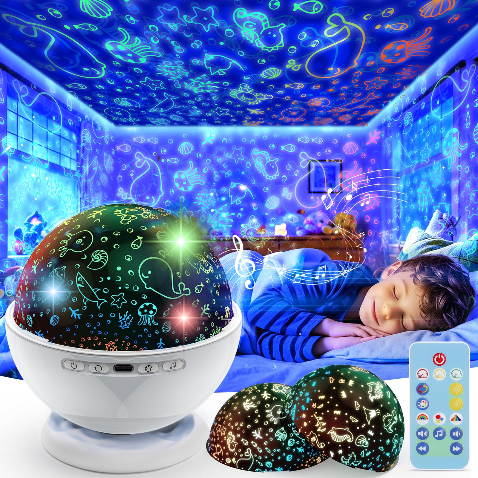 Stern-Nachtlicht für Kinder, Nebel, Sternenprojektor, 360 Grad drehbar, 4 LED-Leuchtmittel, 18 Lichtfarbwechsel mit USB-Kabel, romantisches Geschenk für Männer, Frauen, Kinder (weiß)