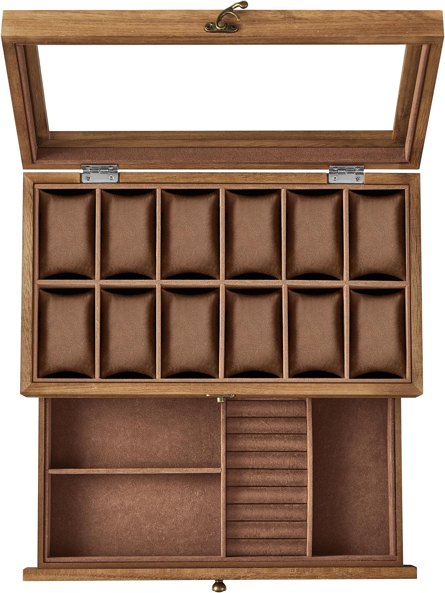 SONGMICS JOW012K01 12-Compartment Watch Box, 2 Levels Watch Box, Glass Lid, Cushions, Velvet Lining, Gift Idea, Rustic Walnut