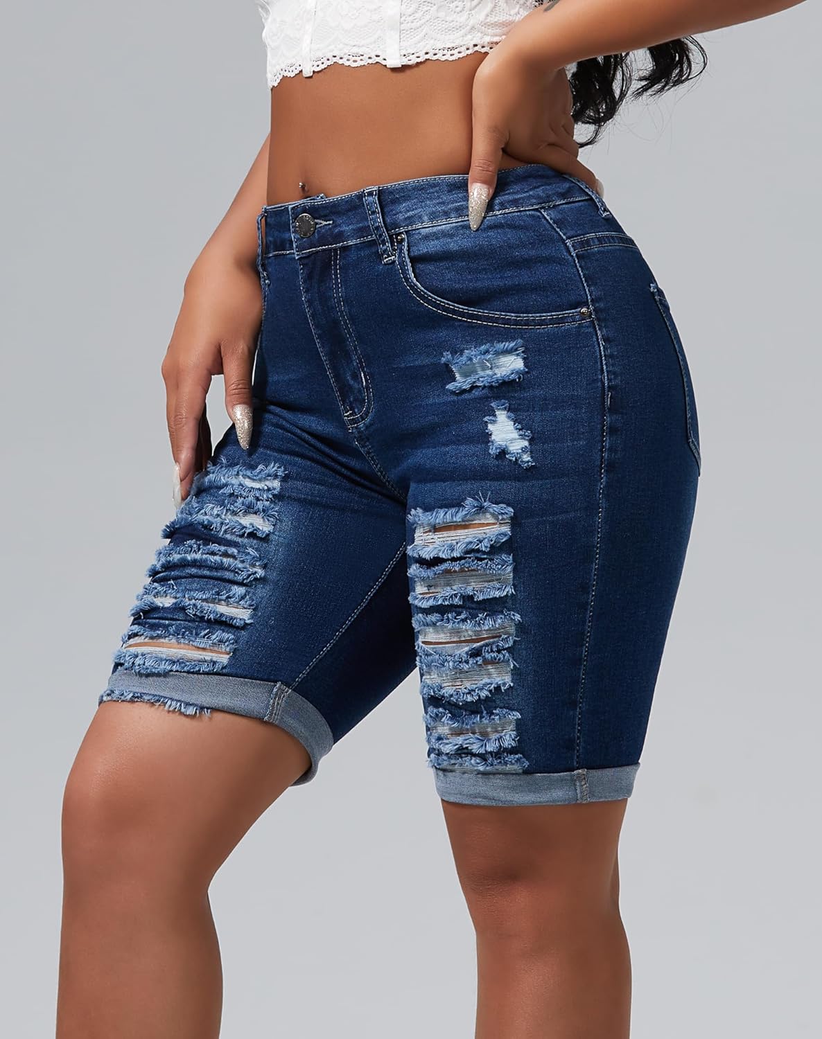 roswear Women's Distressed Knee Length Ripped Stretchy Jean Shorts - Image 2